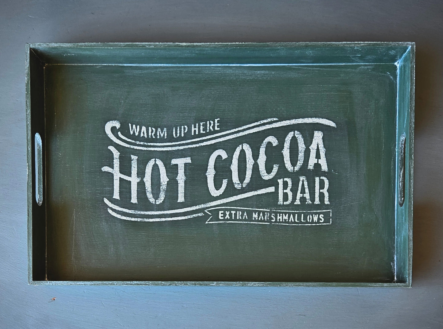 “Warm Up Here” Hot Cocoa Bar Serving Tray - GREEN