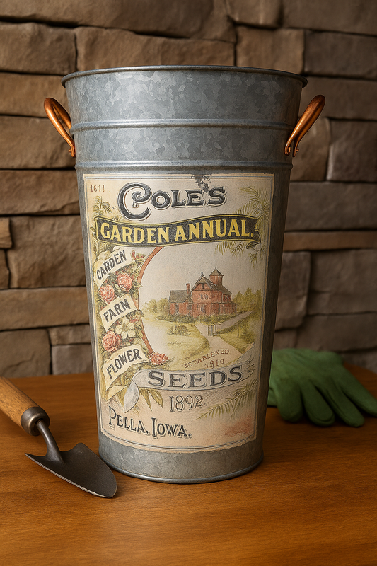 Vintage-Inspired Galvanized Seed Bucket with Copper Handles