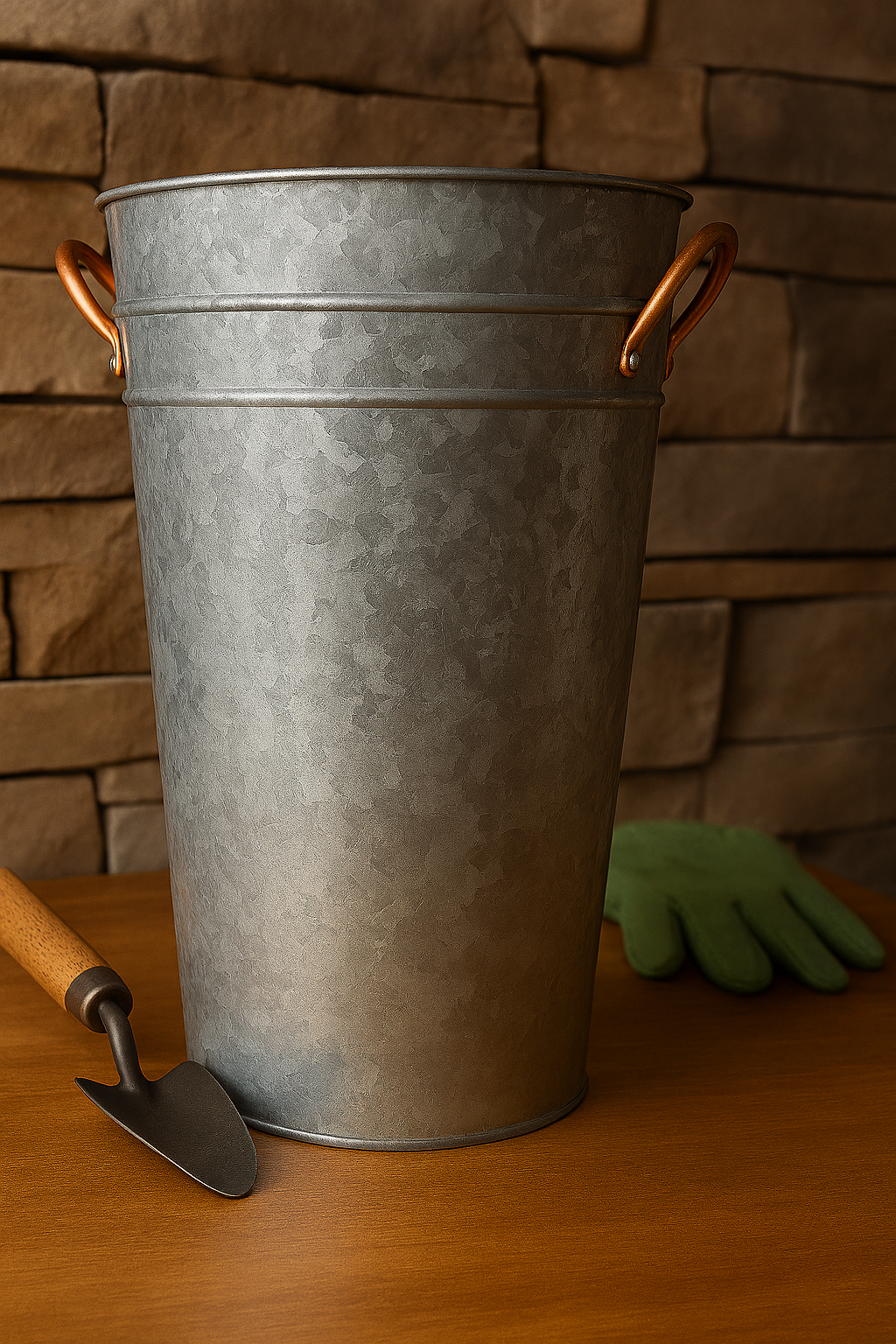 Vintage-Inspired Galvanized Seed Bucket with Copper Handles