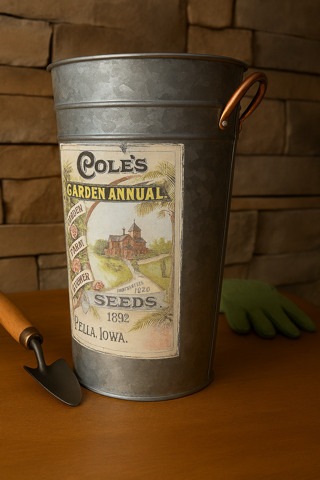 Vintage-Inspired Galvanized Seed Bucket with Copper Handles