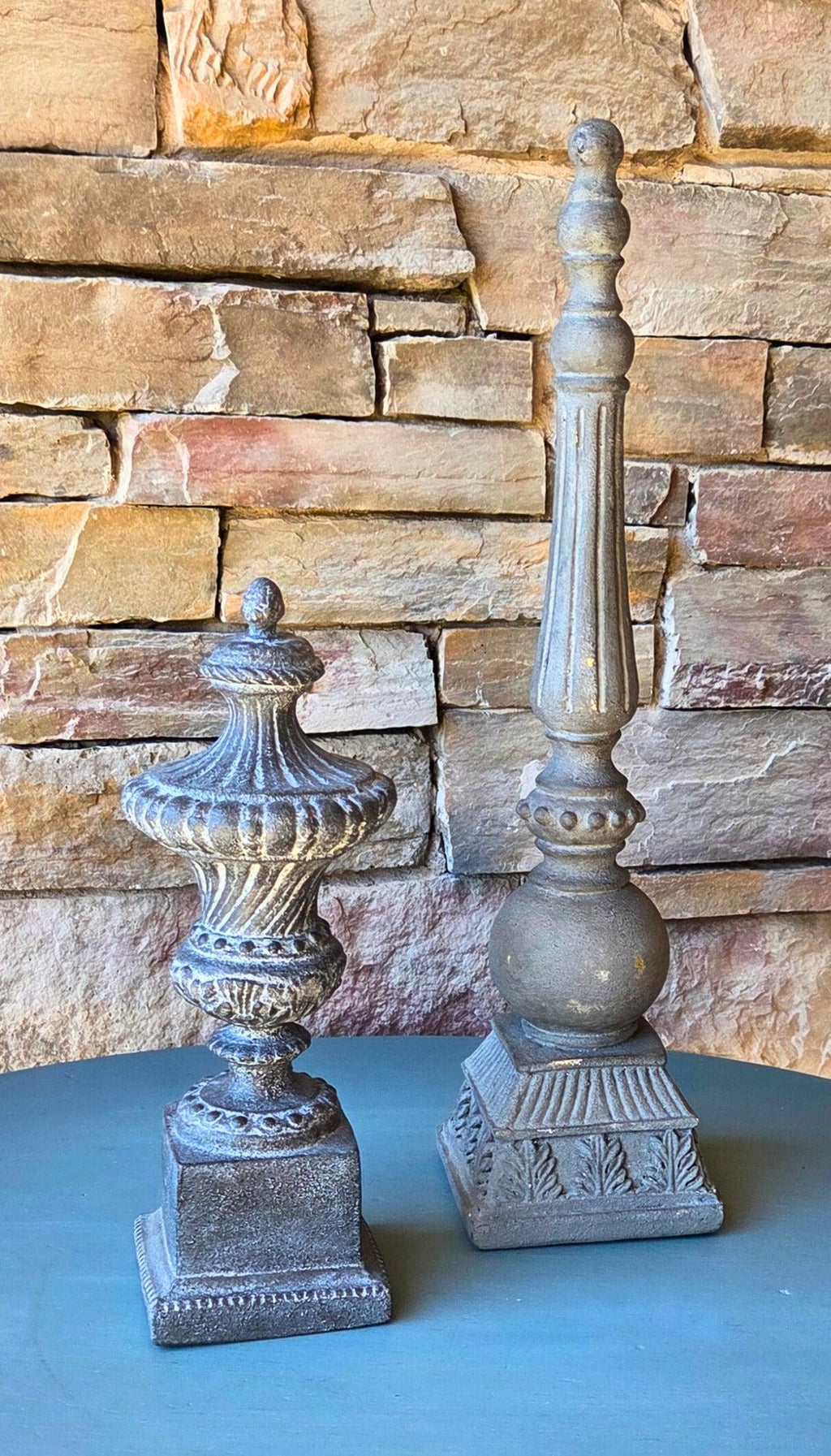 Charcoal Gray Leaf Finial: 19" Tall Stone-Textured Mantel Decor, Handcrafted Architectural Accent