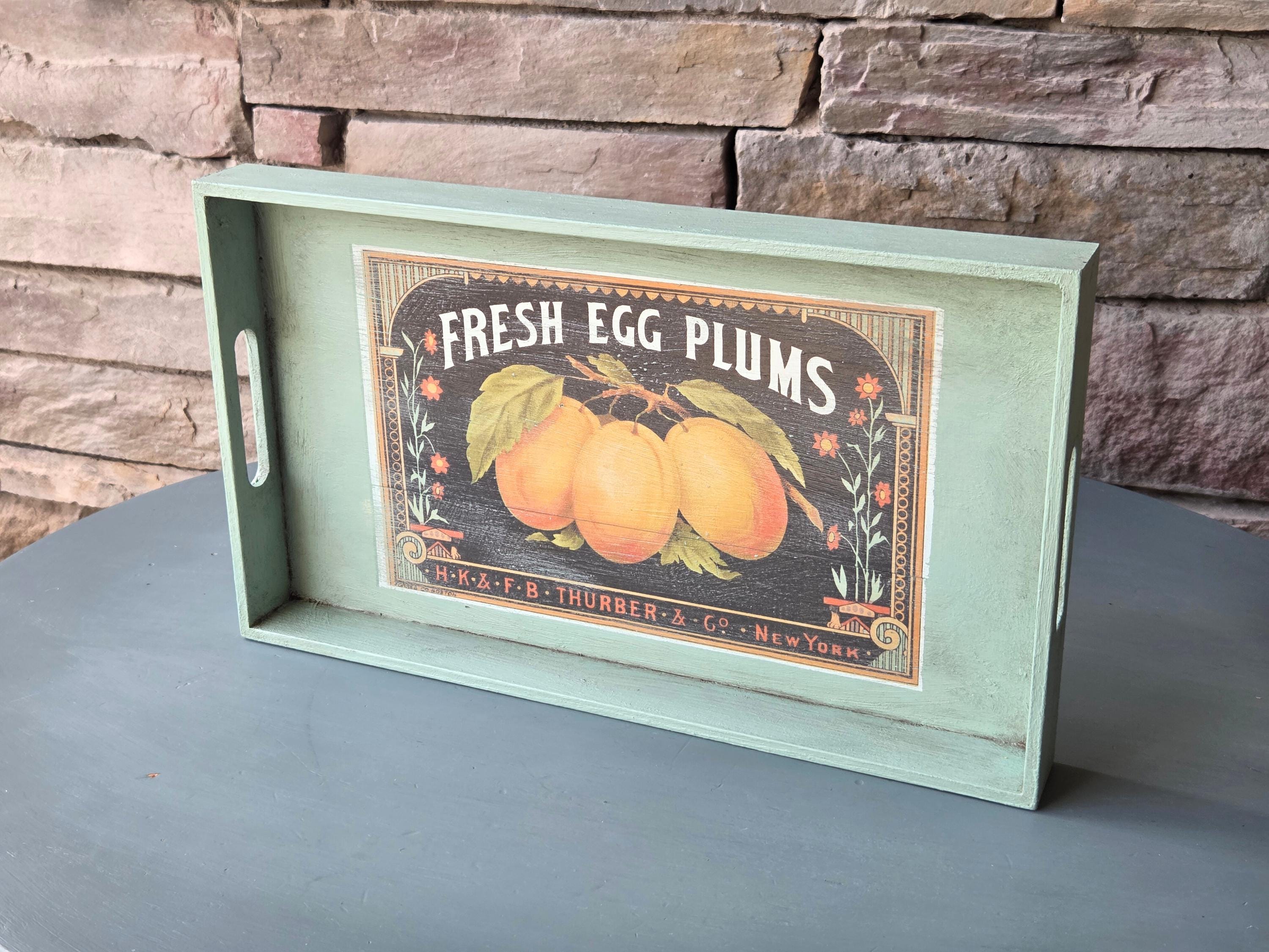 Decorative Wooden Tray with Antique-Style Fruit Label