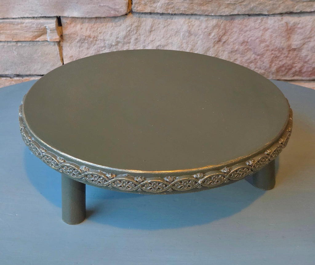Decorative Cake Stand  Antique-Style Embossed Riser in Deep Green and Gold