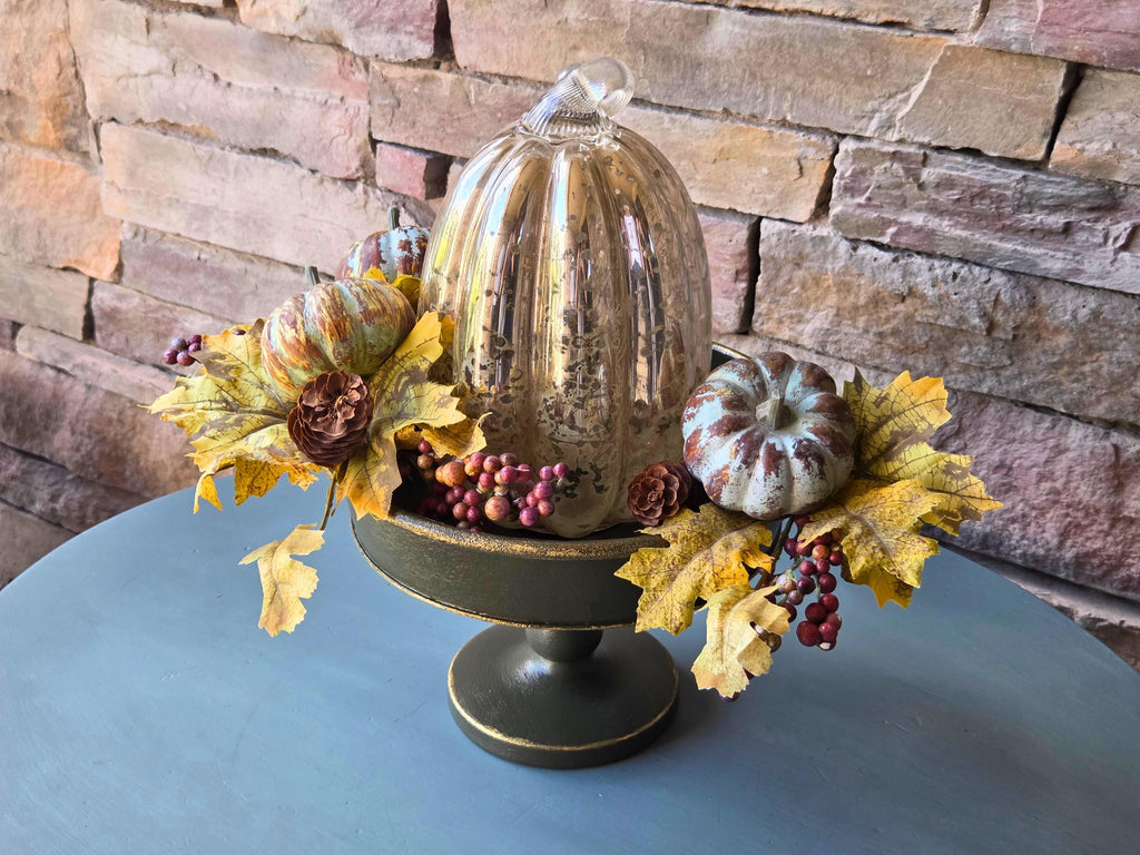 Distressed Deep Green Pedestal Tray: Gold Edge Decorative Display Stand, 10" Round Centerpiece