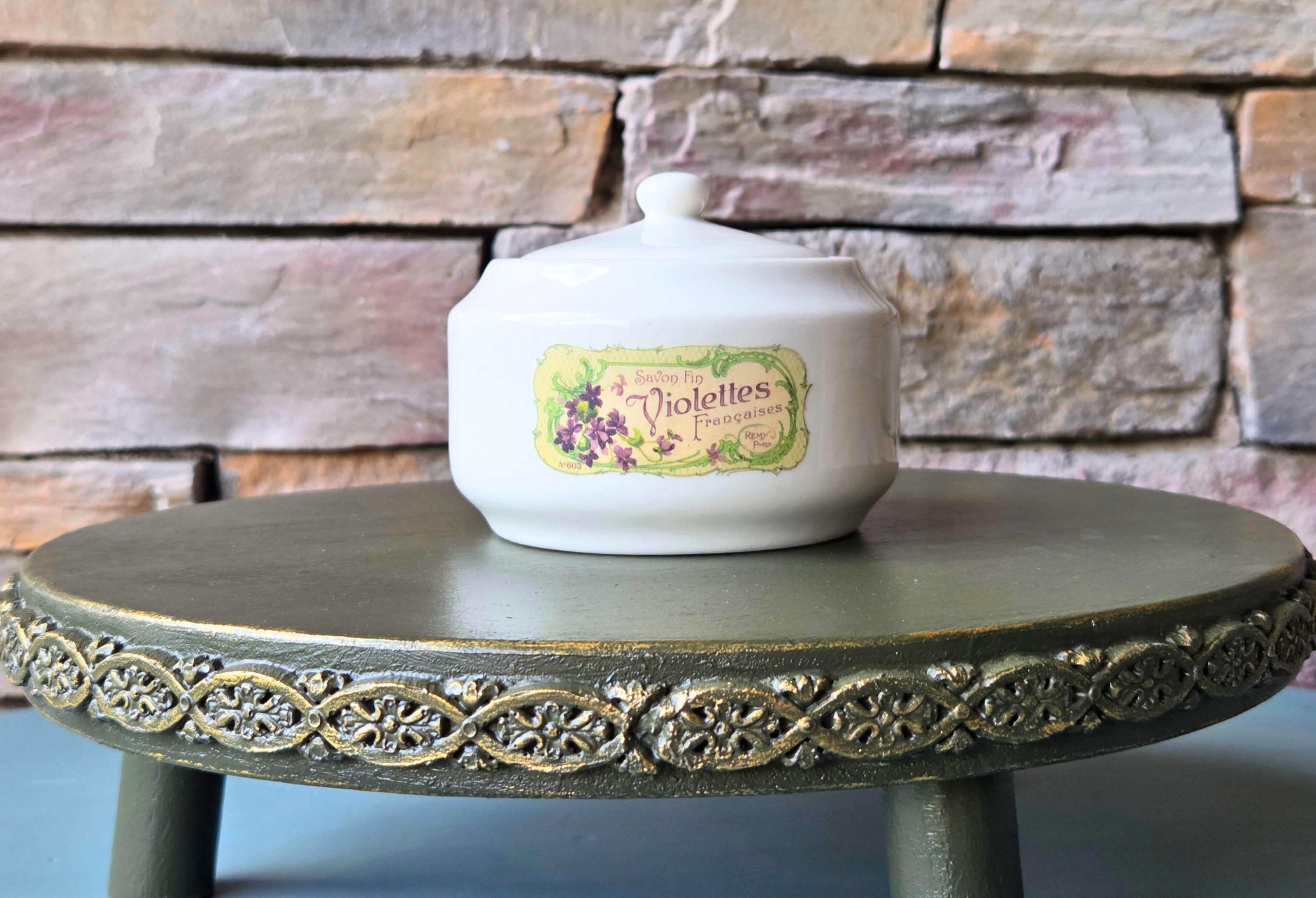 French Violet Soap Jar: Vintage Ceramic Bathroom Container, Parisian Label Apothecary Décor