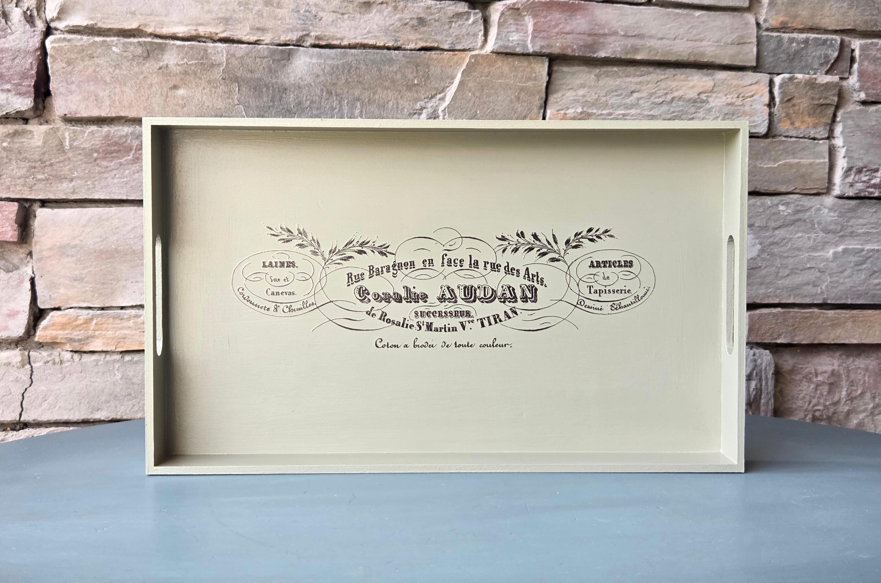 Sage Green French Tray: Vintage Ephemera Wooden Kitchen Decor, Botanical Serving Tray