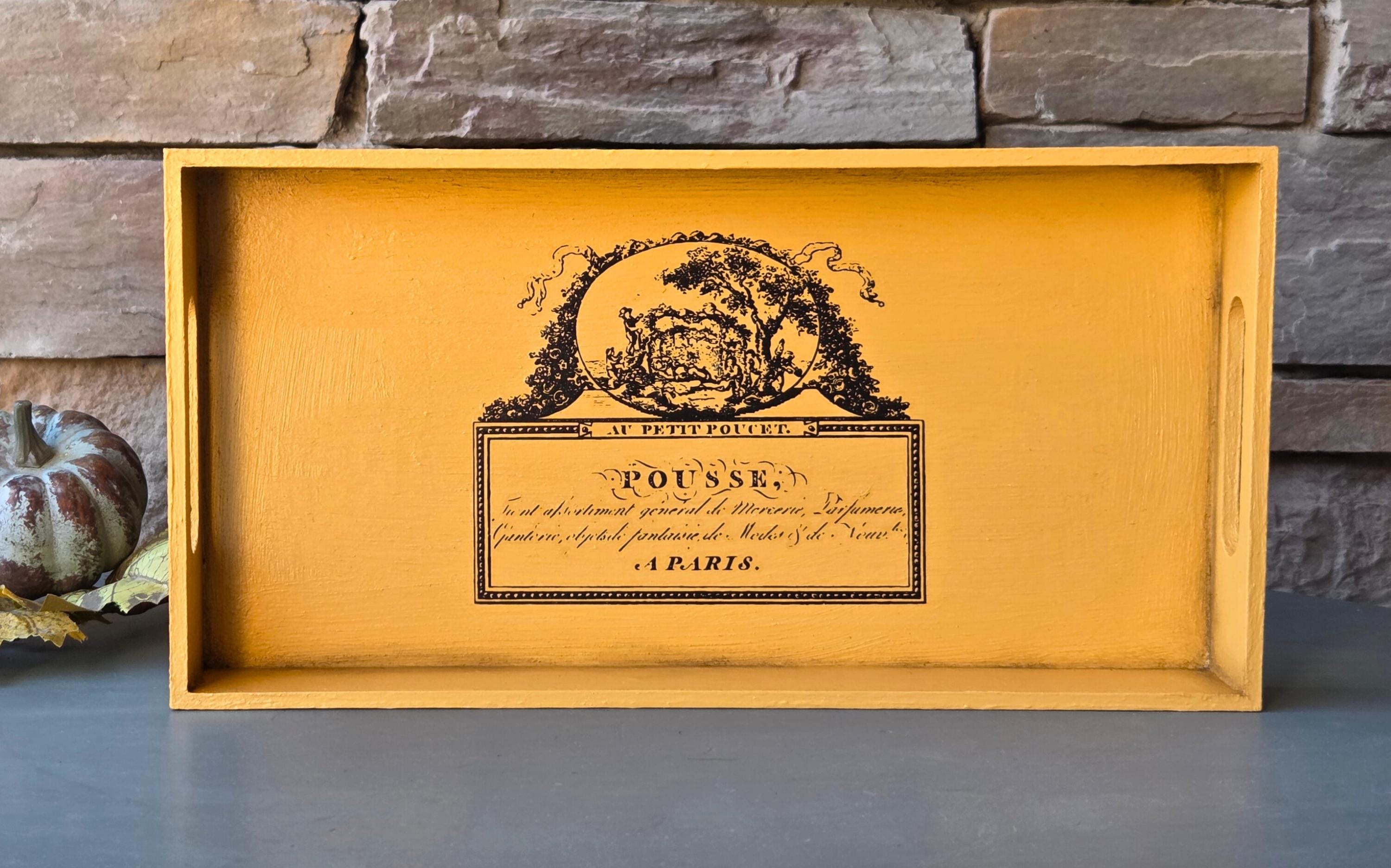 Vintage French Tray “Au Petit Poucet Little Tom Thumb Pastoral Scene Mustard Yellow Rustic Decor