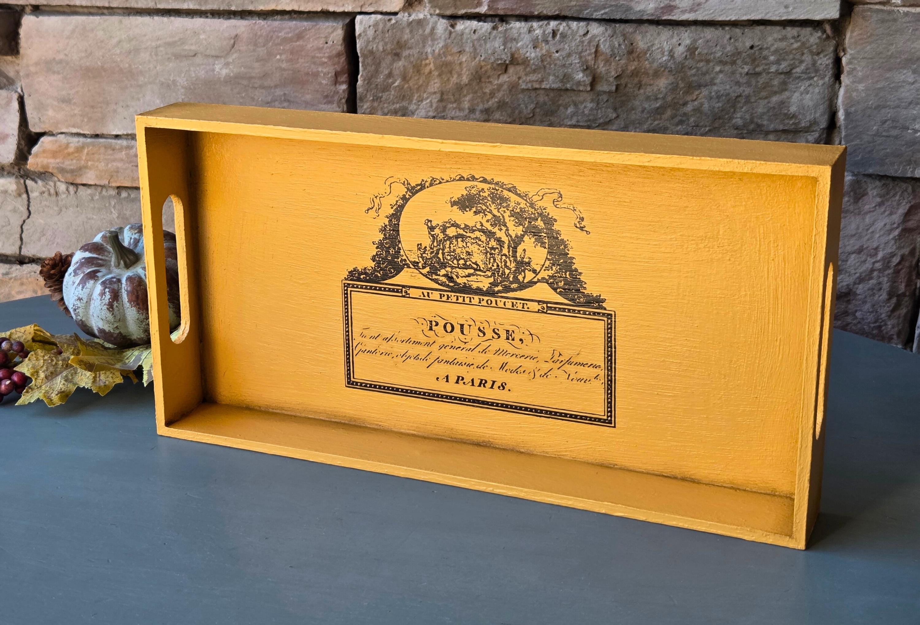 Vintage French Tray “Au Petit Poucet Little Tom Thumb Pastoral Scene Mustard Yellow Rustic Decor