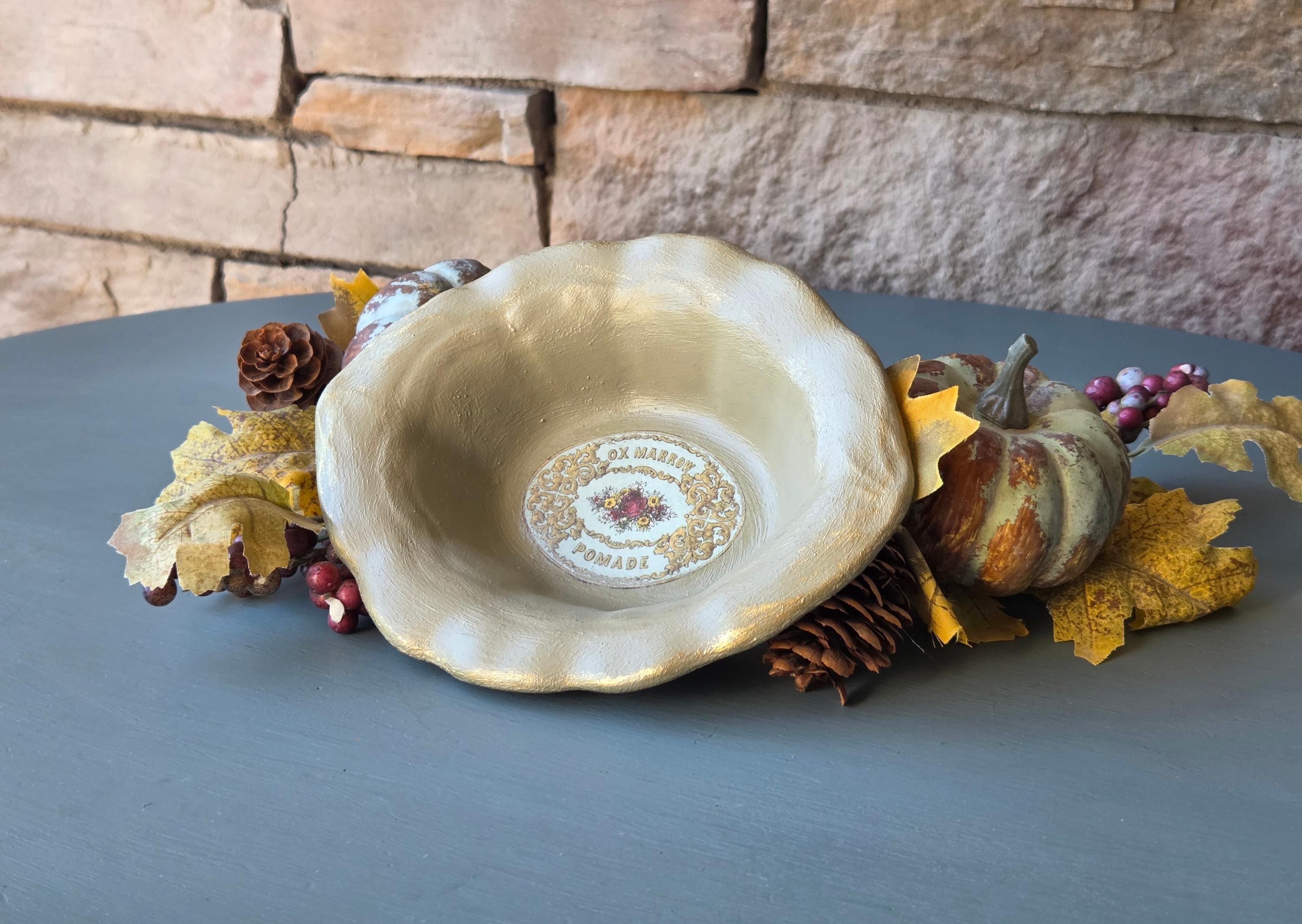 Vintage-Style Ceramic Trinket Dish Ox Marrow Pomade Label Scalloped Edge & Gold Detail