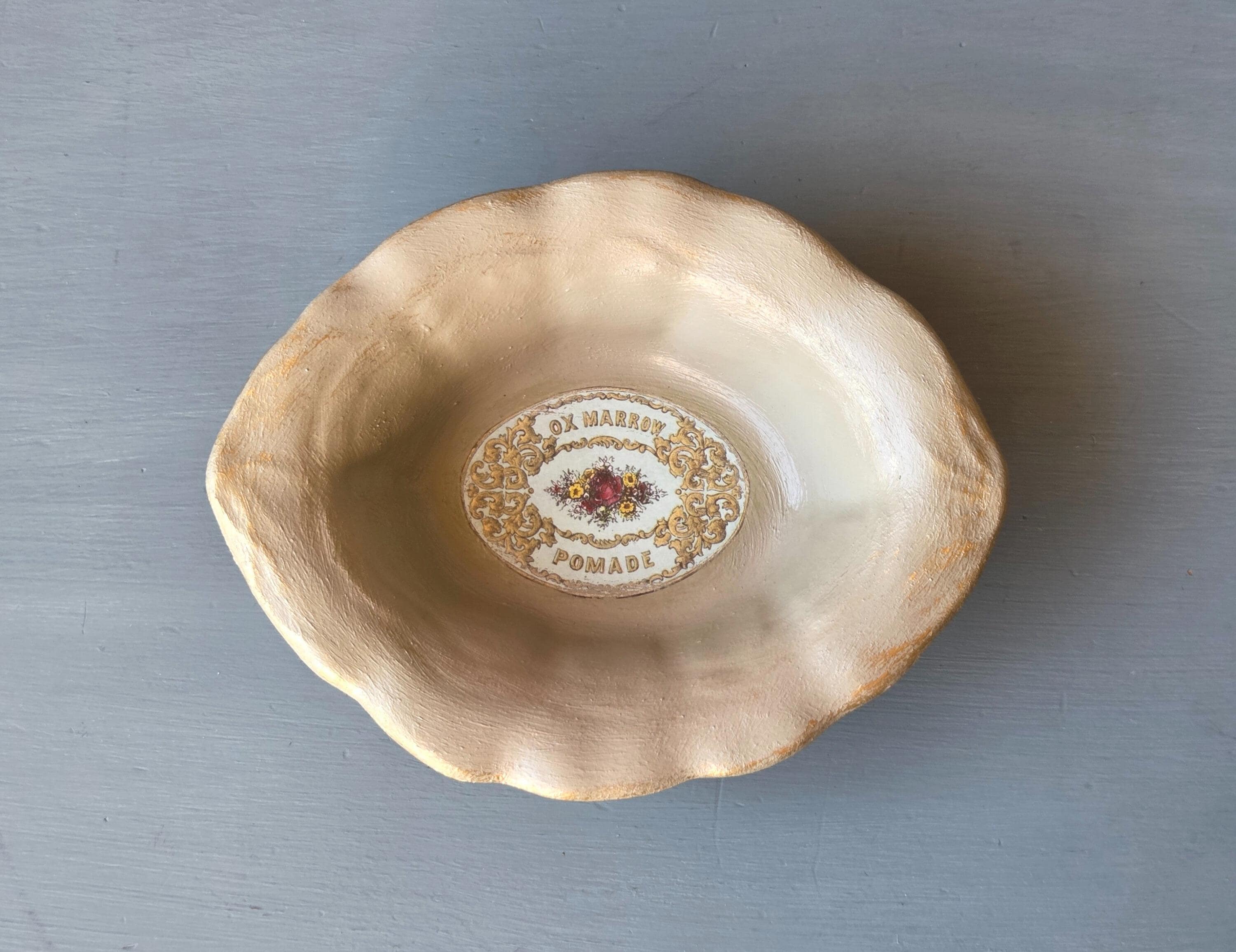 Vintage-Style Ceramic Trinket Dish Ox Marrow Pomade Label Scalloped Edge & Gold Detail