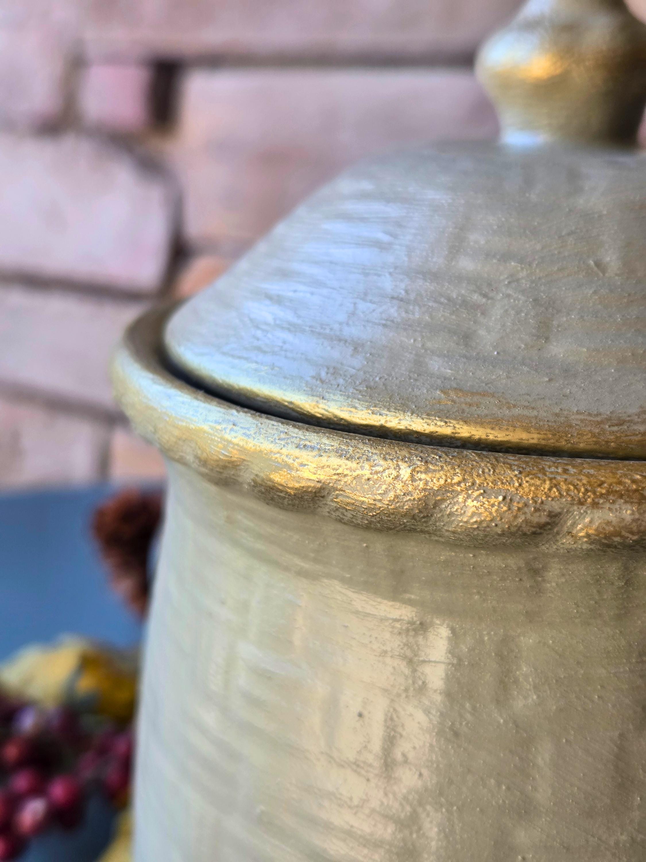 Rustic Ceramic Kitchen Canister Sage Green Textured Jar with Lid Fall Farmhouse Decor