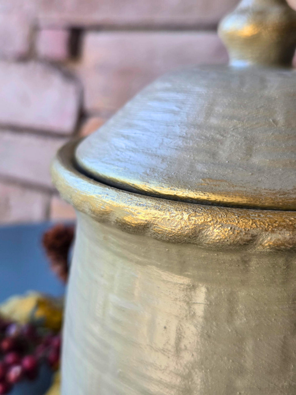 Rustic Ceramic Kitchen Canister Sage Green Textured Jar with Lid Fall Farmhouse Decor