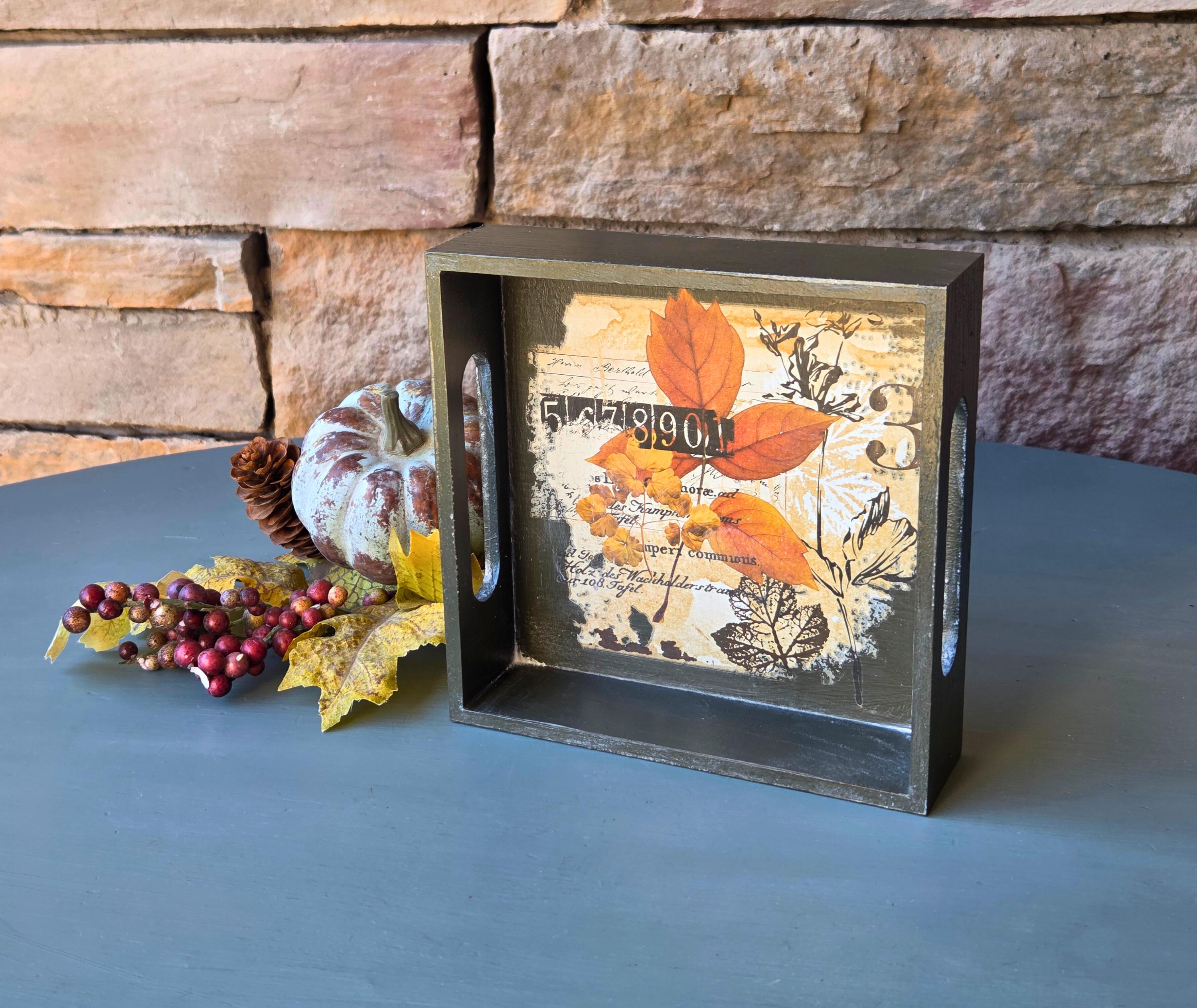 Autumn Collage Art Vintage Leaf Print with Numbers & Script Tray Fall Decor