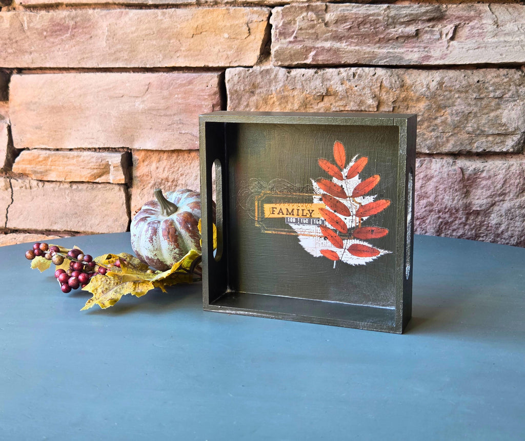 Rustic Fall Tray “Family - The Best Time Painted Leaf Accent Autumn Shelf Decor