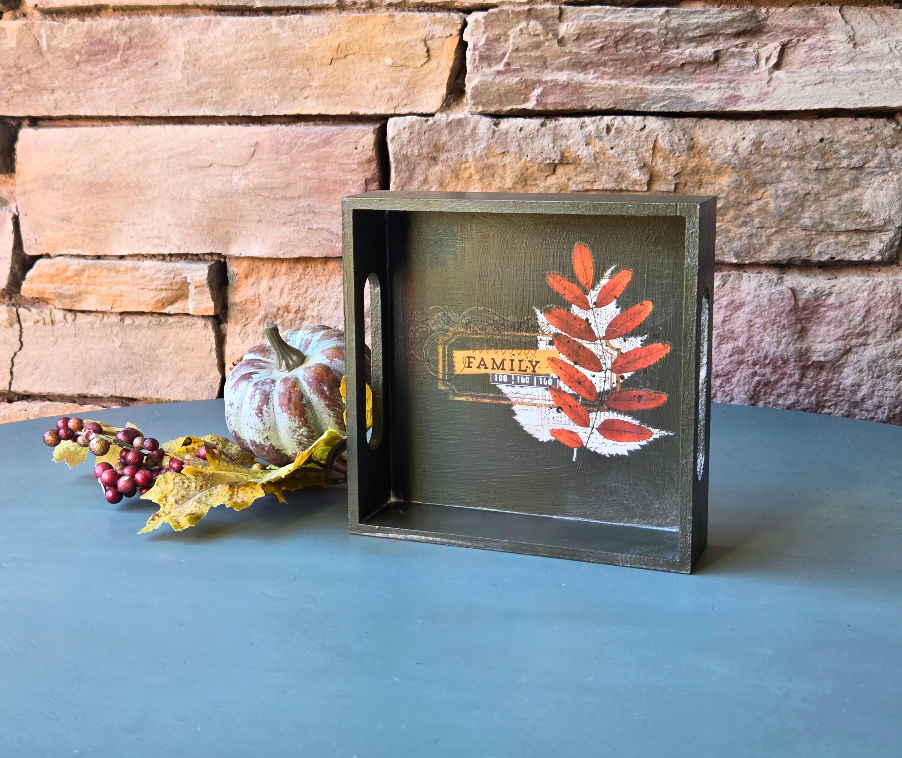 Rustic Fall Tray “Family - The Best Time Painted Leaf Accent Autumn Shelf Decor