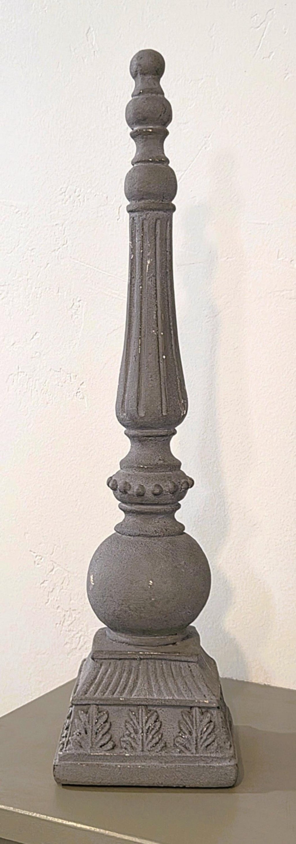 Charcoal Gray Leaf Finial: 19" Tall Stone-Textured Mantel Decor, Handcrafted Architectural Accent