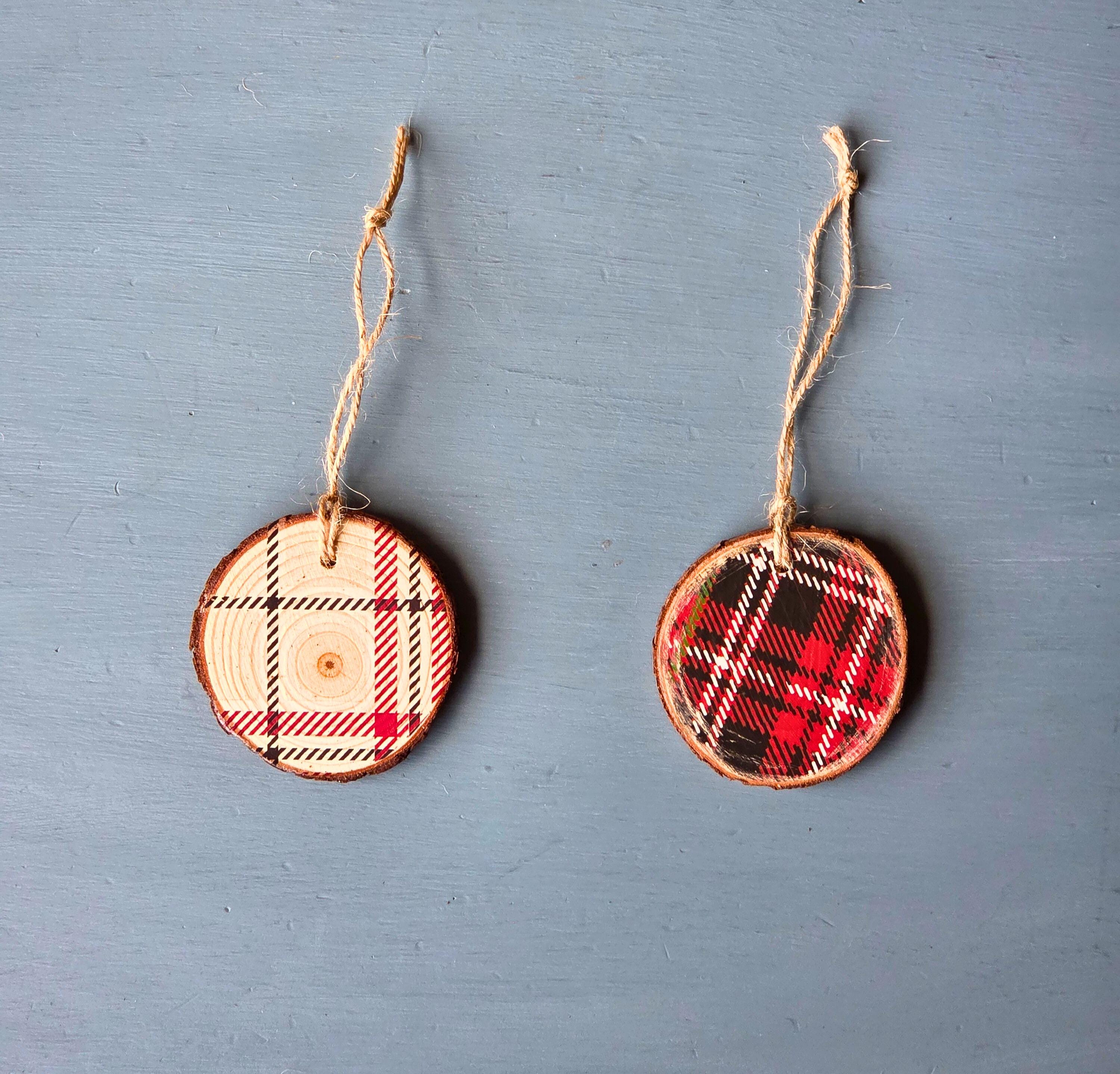 Rustic Plaid Wood Slice Ornaments  Handmade Holiday Decor