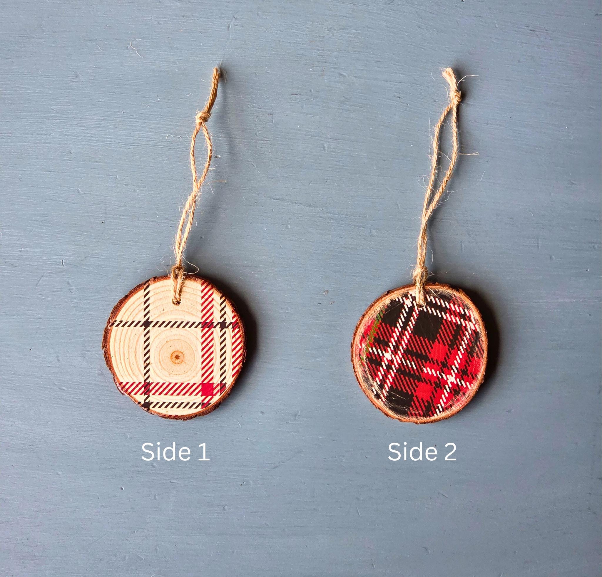 Rustic Plaid Wood Slice Ornaments  Handmade Holiday Decor