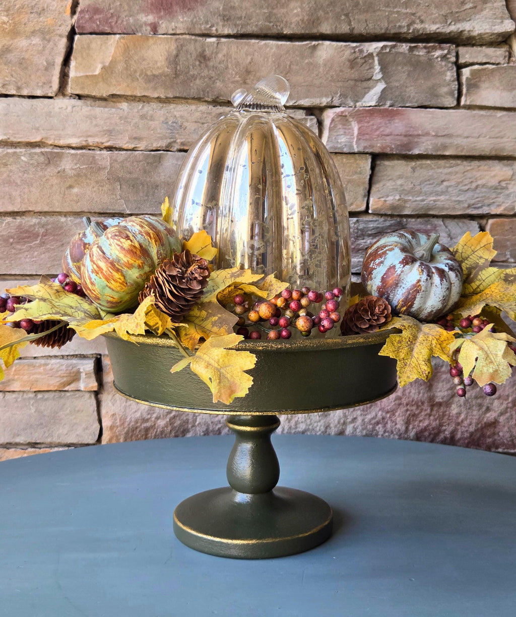Distressed Deep Green Pedestal Tray: Gold Edge Decorative Display Stand, 10" Round Centerpiece