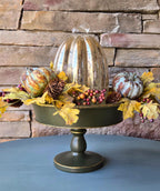 Distressed Deep Green Pedestal Tray: Gold Edge Decorative Display Stand, 10" Round Centerpiece