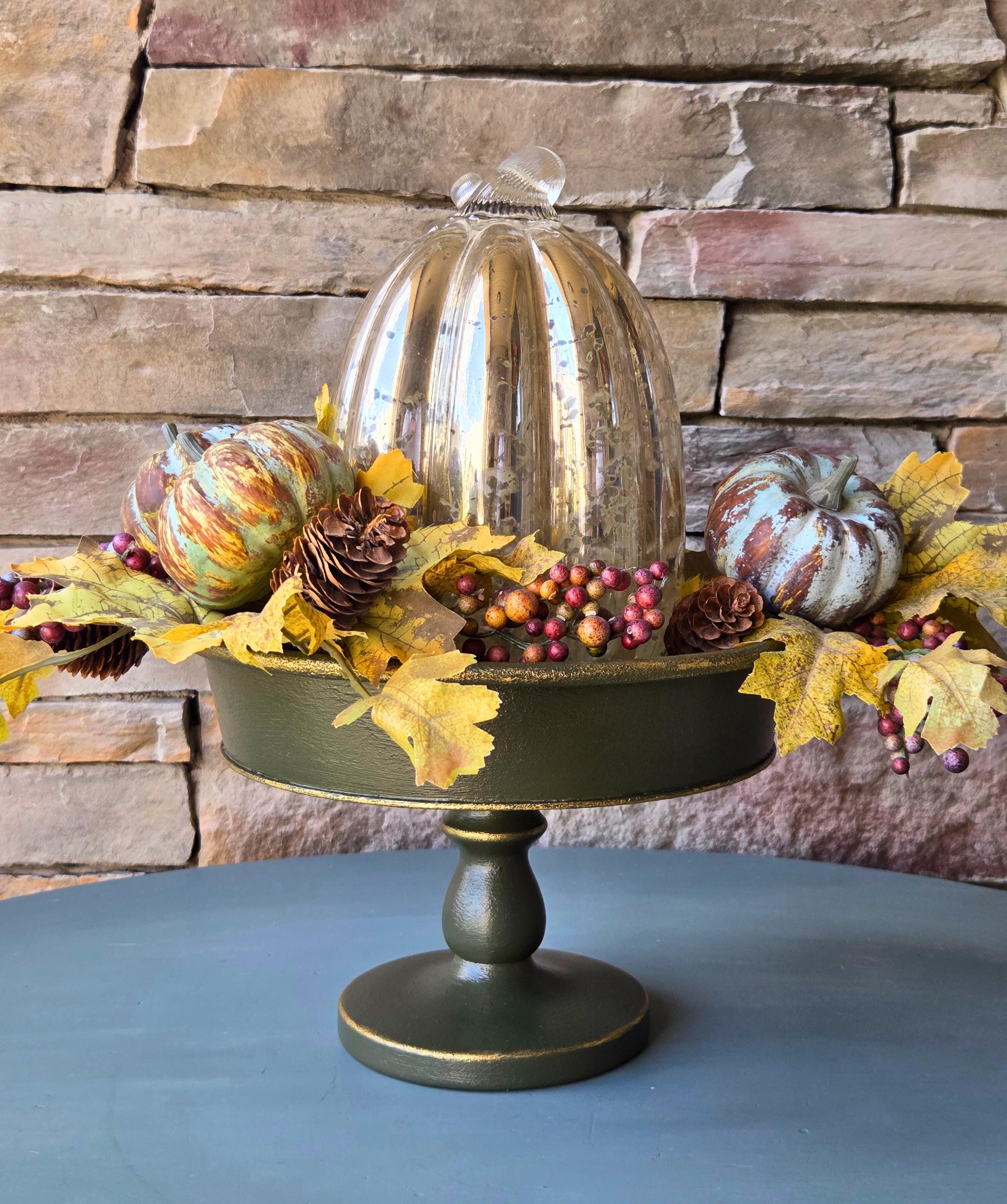 Distressed Deep Green Pedestal Tray: Gold Edge Decorative Display Stand, 10" Round Centerpiece