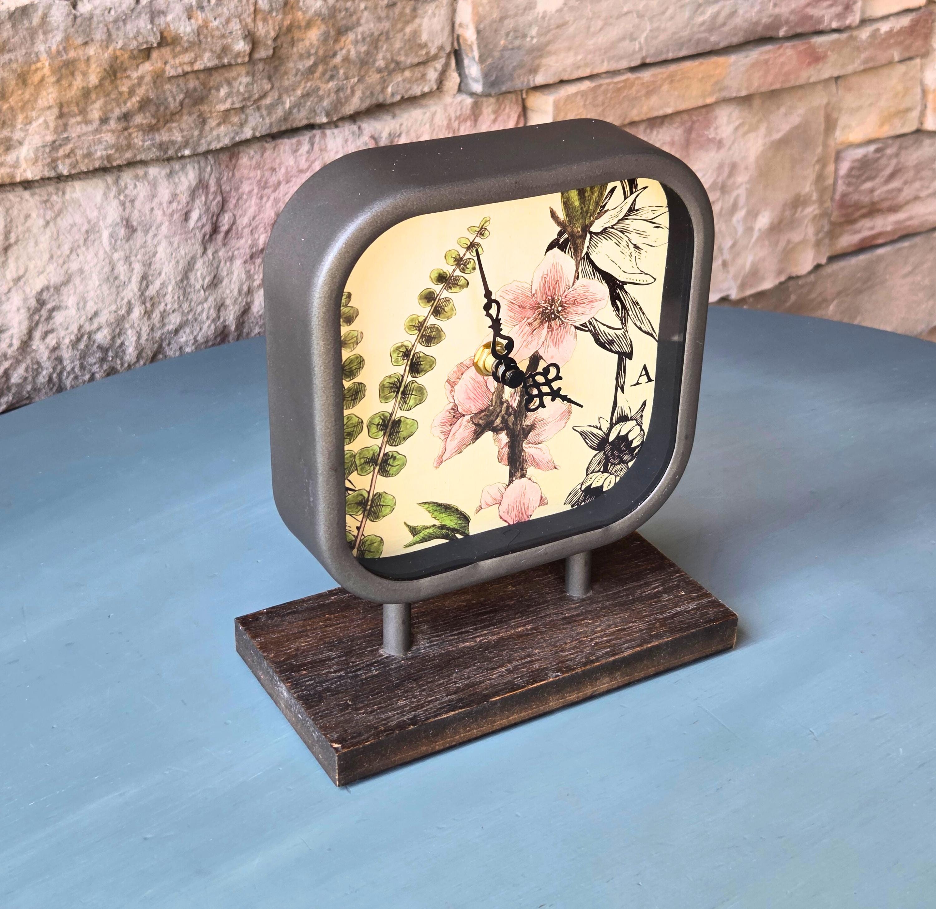 Botanical Table Clock: Charcoal Gray Vintage Farmhouse Mantel Decor, Fern & Floral Inlay, 8" Freestanding