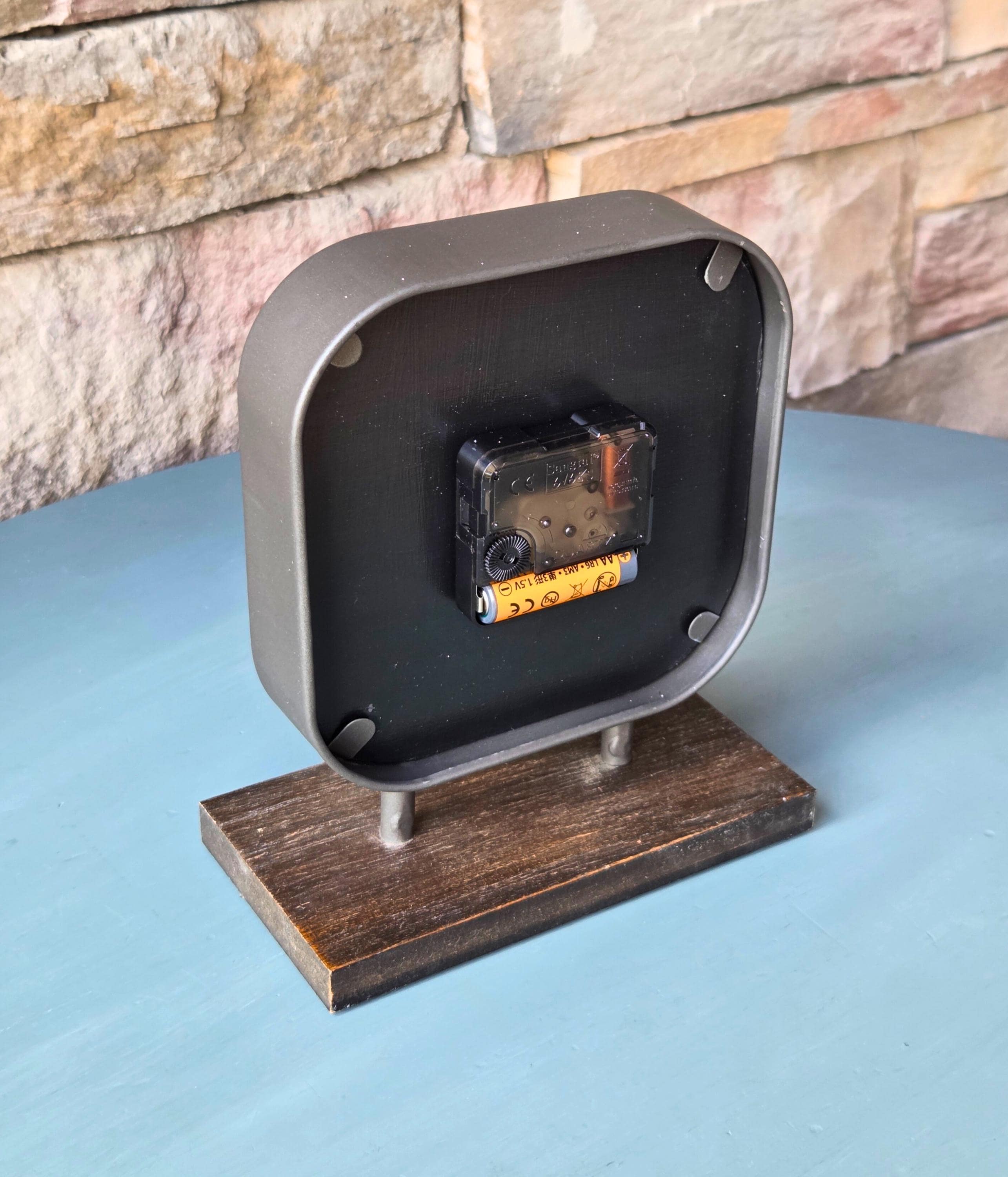 Botanical Table Clock: Charcoal Gray Vintage Farmhouse Mantel Decor, Fern & Floral Inlay, 8" Freestanding