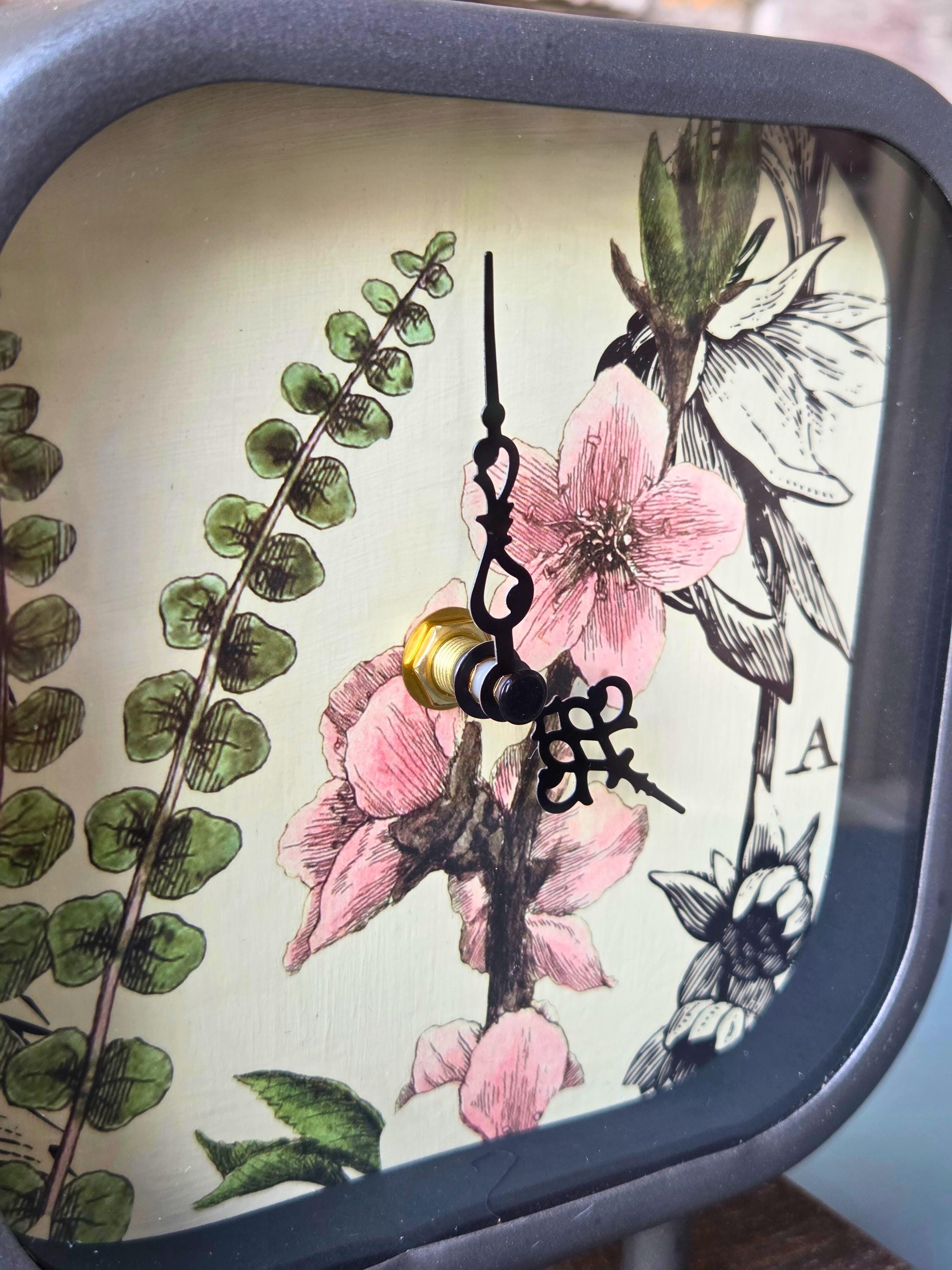 Botanical Table Clock: Charcoal Gray Vintage Farmhouse Mantel Decor, Fern & Floral Inlay, 8" Freestanding