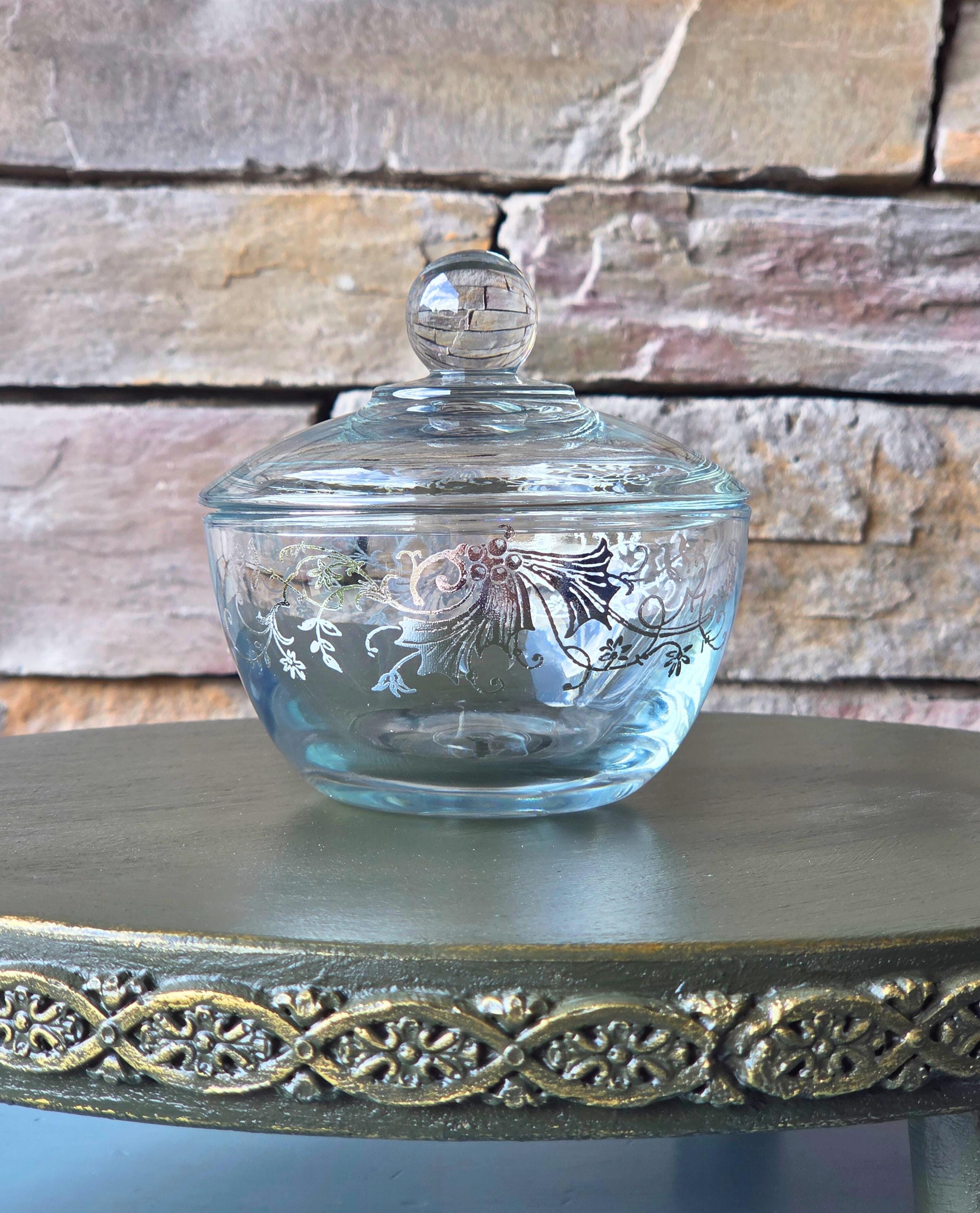 Silver Gilded Glass Lidded Bowl: Vintage-Style Candy Dish, Floral Vanity Jar, 4" Decorative Container