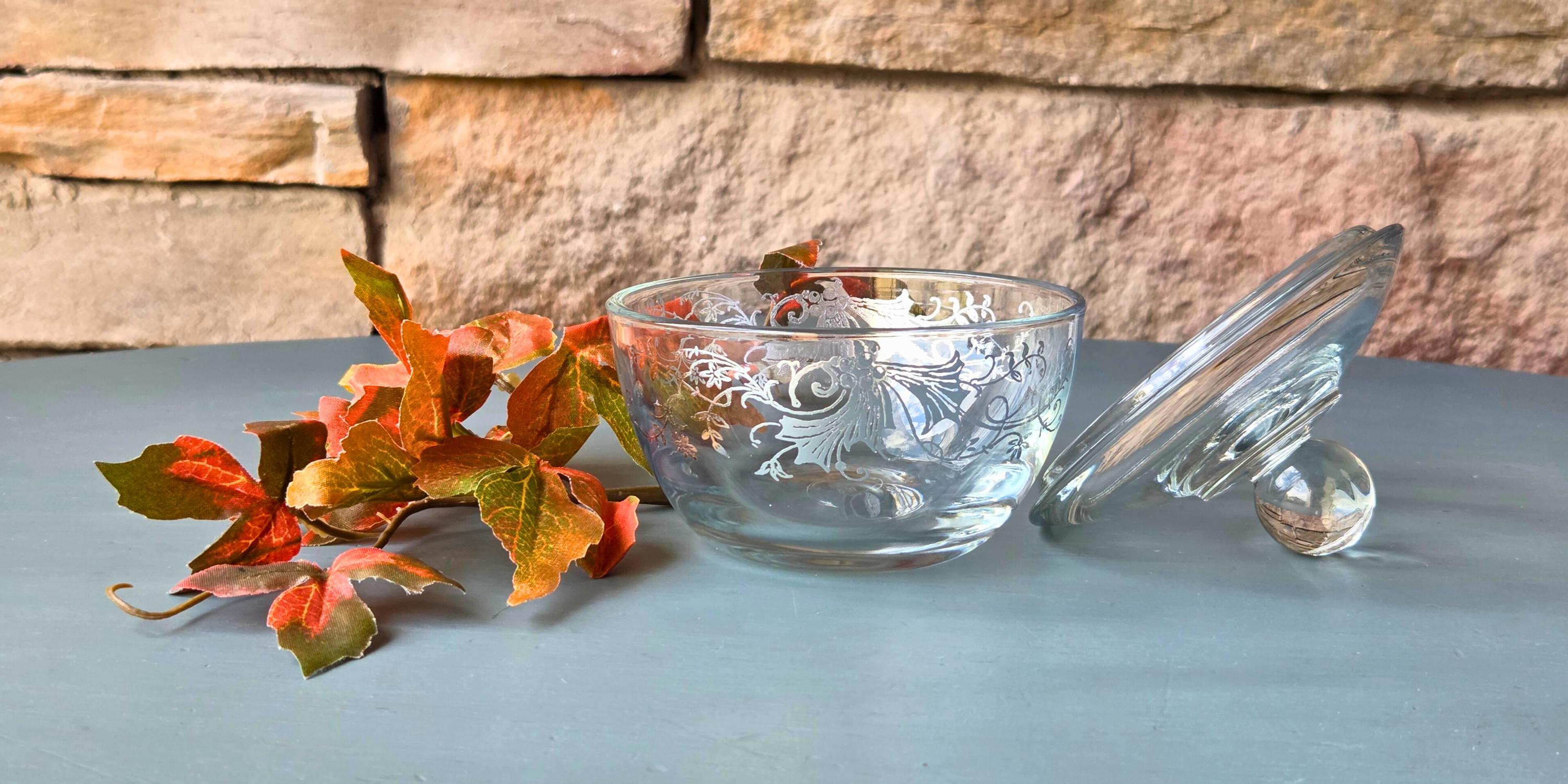 Silver Gilded Glass Lidded Bowl: Vintage-Style Candy Dish, Floral Vanity Jar, 4" Decorative Container