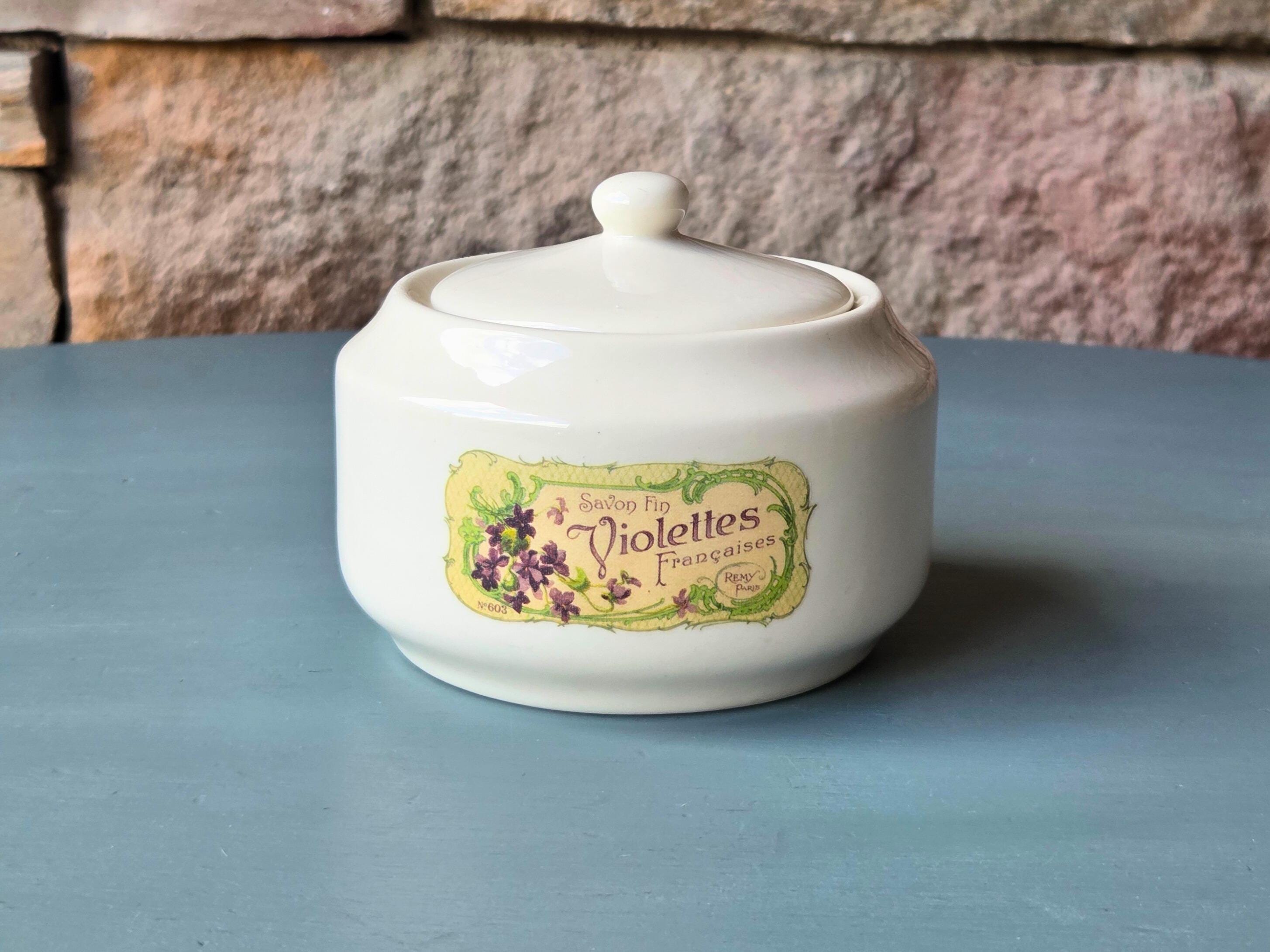 French Violet Soap Jar: Vintage Ceramic Bathroom Container, Parisian Label Apothecary Décor