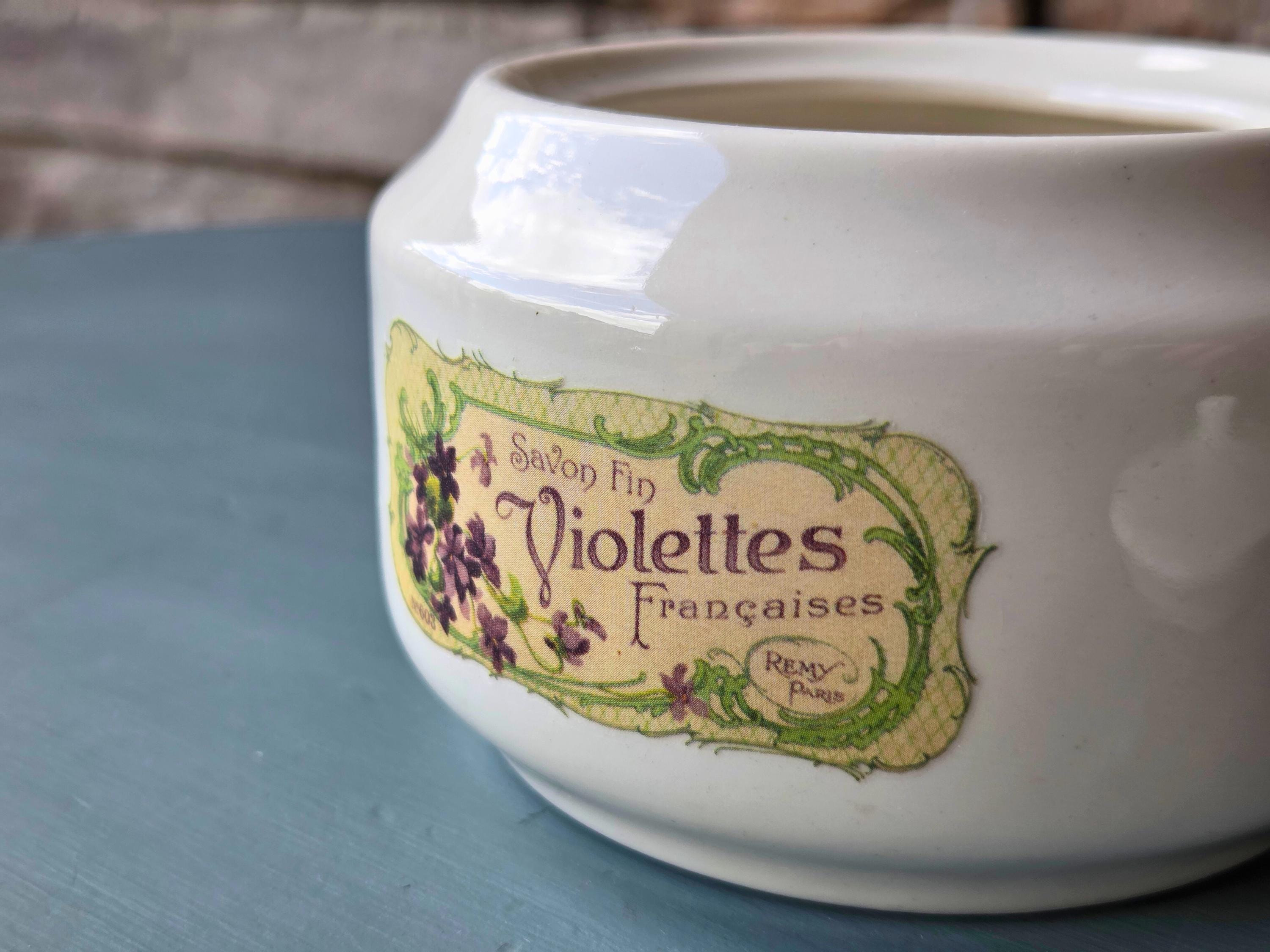French Violet Soap Jar: Vintage Ceramic Bathroom Container, Parisian Label Apothecary Décor