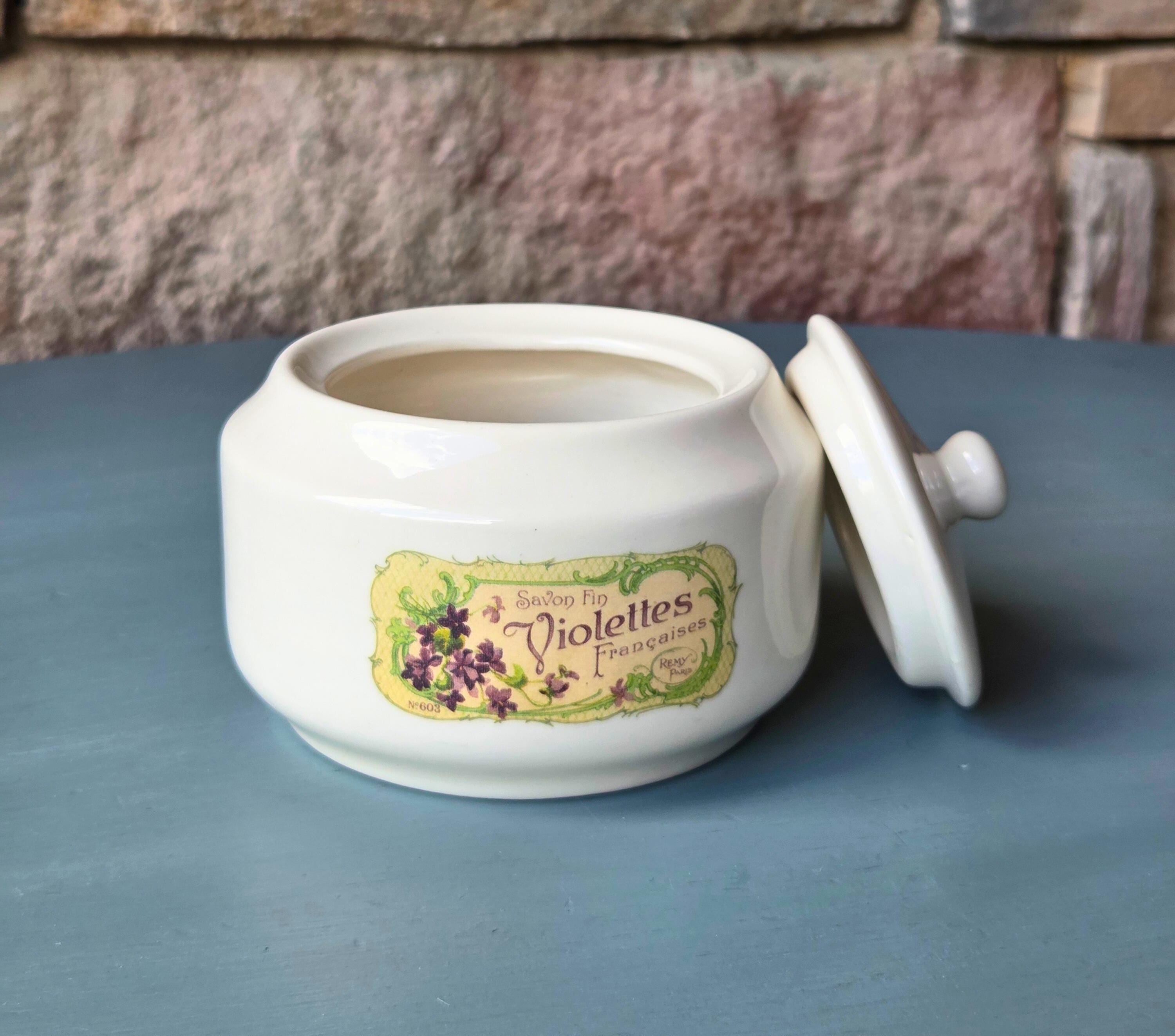 French Violet Soap Jar: Vintage Ceramic Bathroom Container, Parisian Label Apothecary Décor