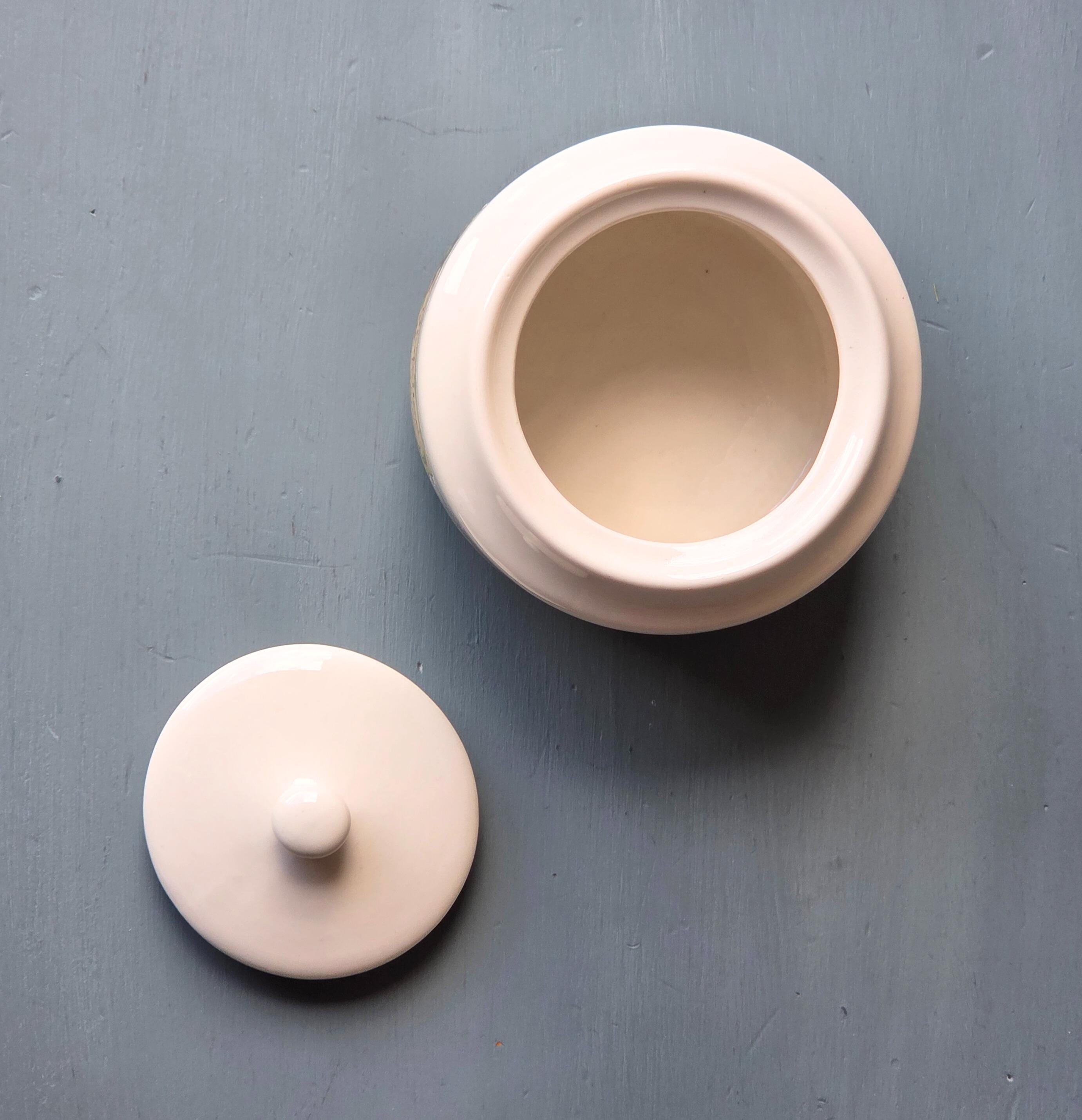 French Violet Soap Jar: Vintage Ceramic Bathroom Container, Parisian Label Apothecary Décor