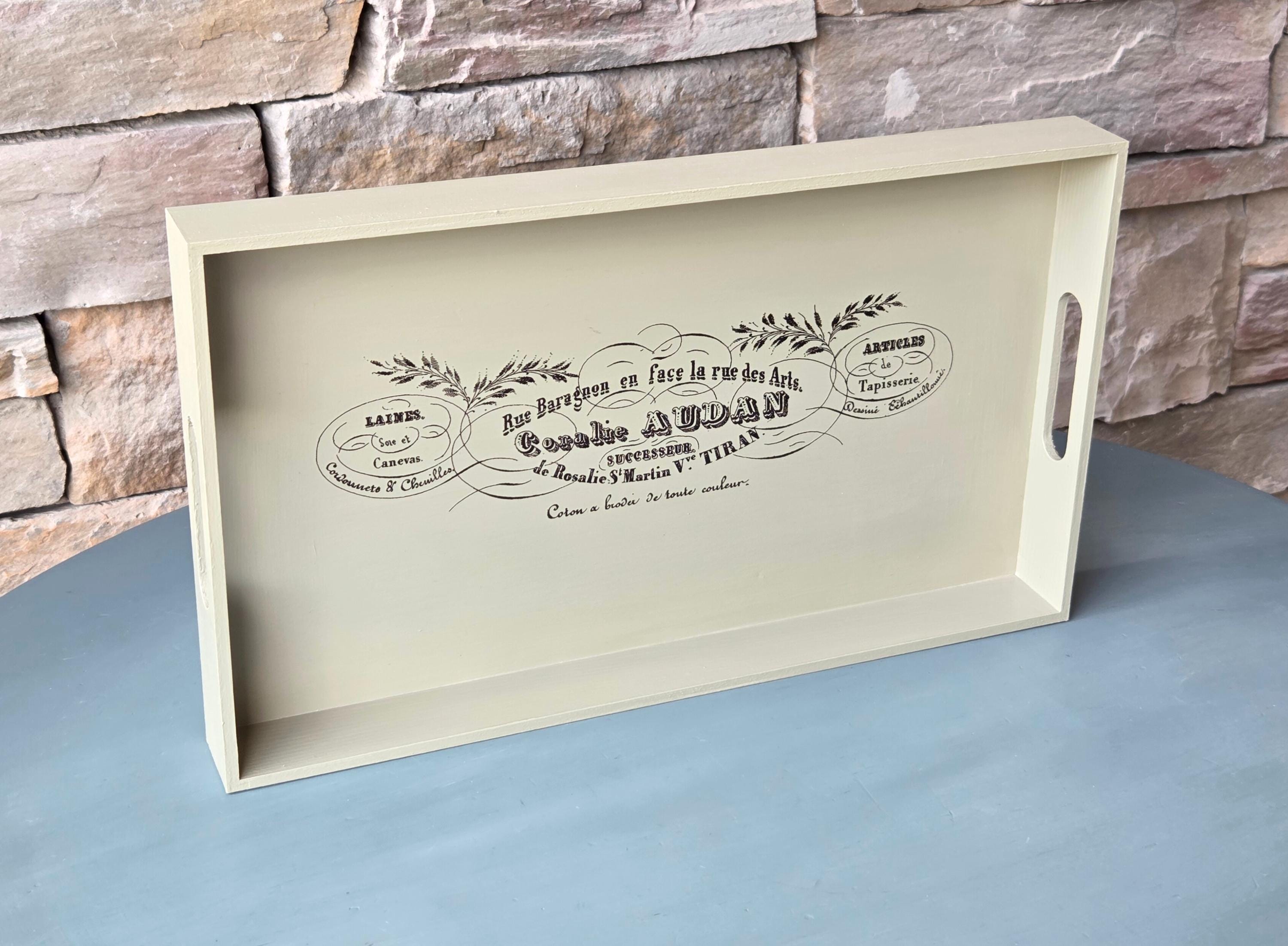 Sage Green French Tray: Vintage Ephemera Wooden Kitchen Decor, Botanical Serving Tray