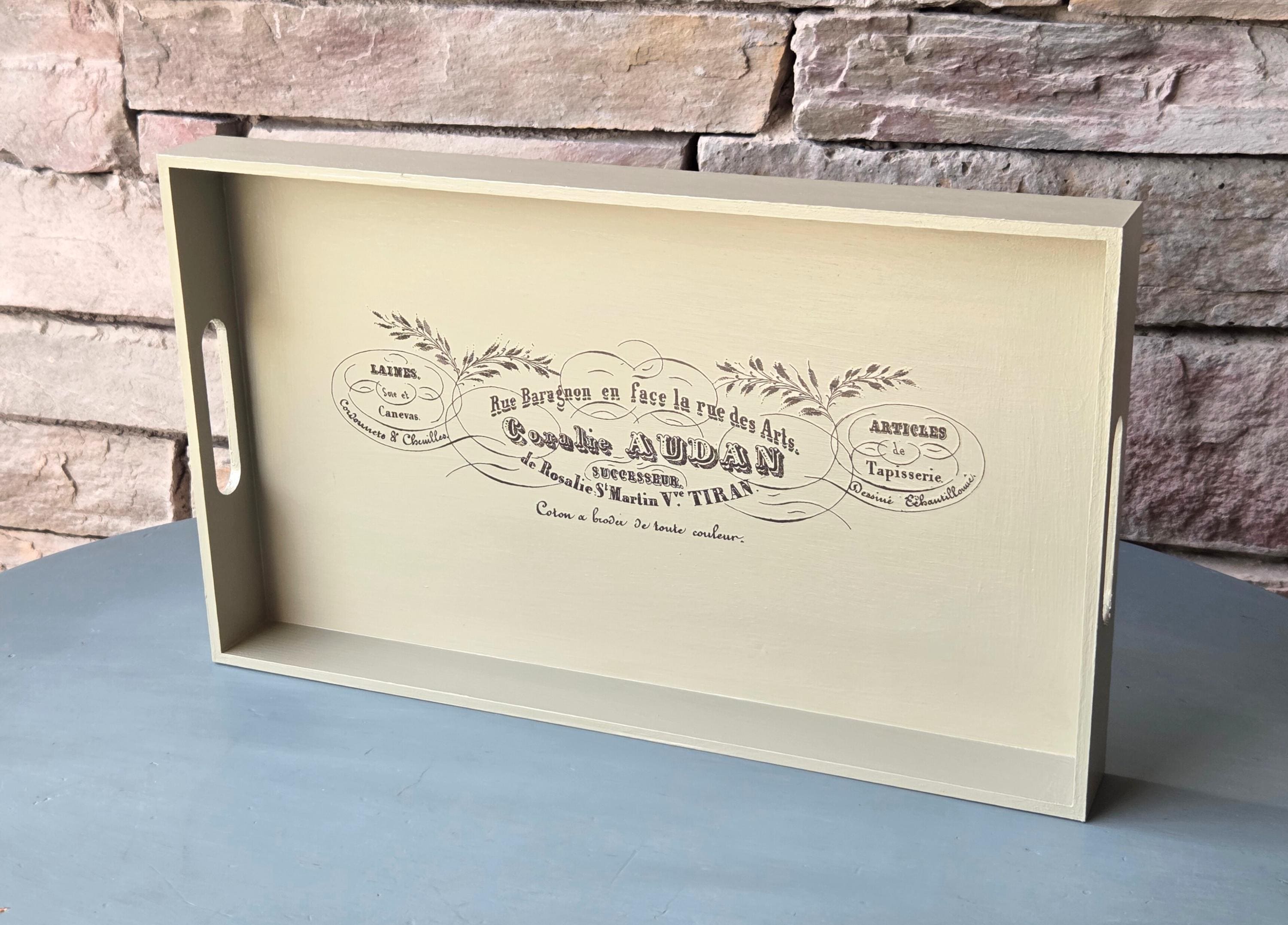 Sage Green French Tray: Vintage Ephemera Wooden Kitchen Decor, Botanical Serving Tray