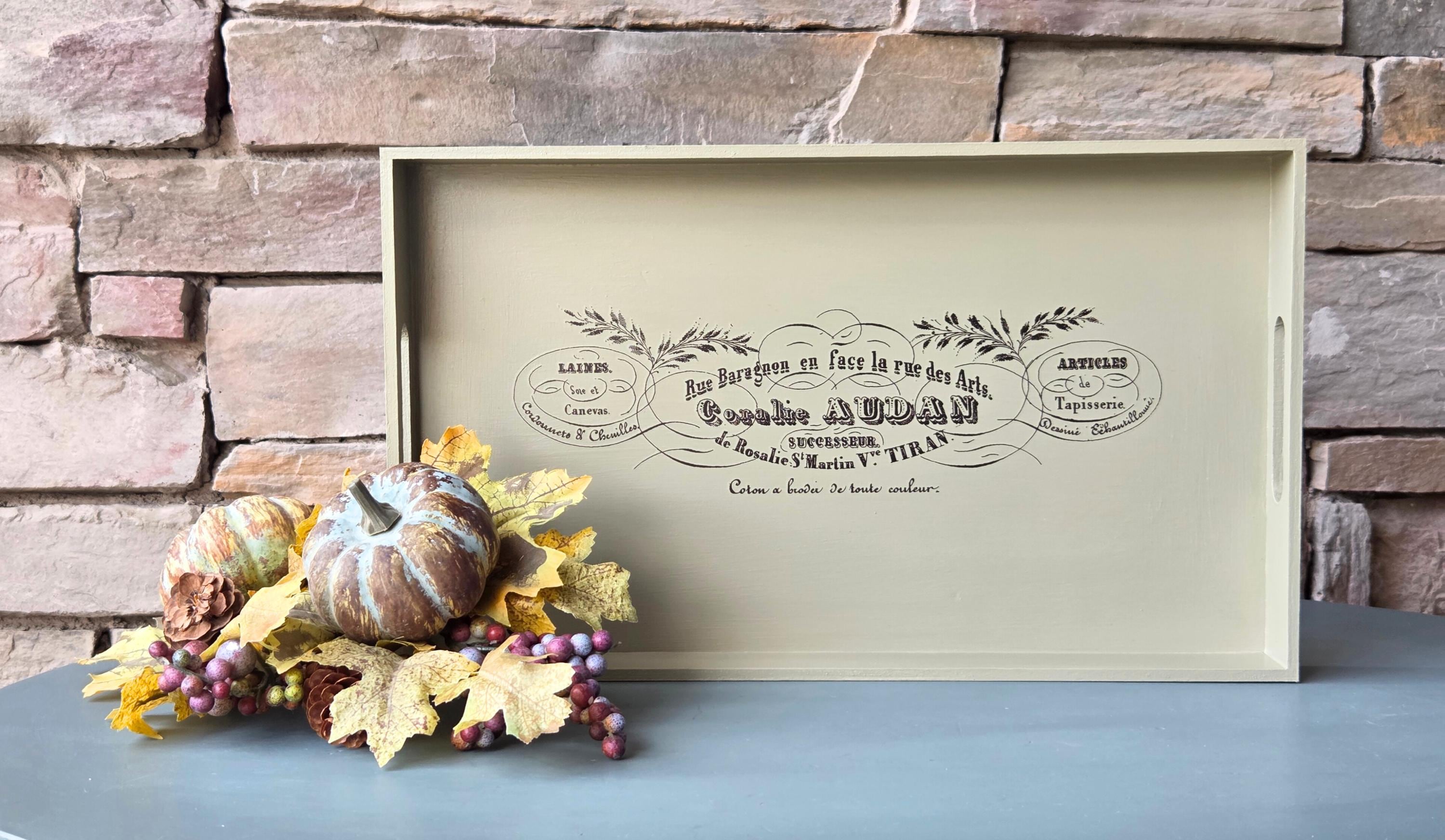 Sage Green French Tray: Vintage Ephemera Wooden Kitchen Decor, Botanical Serving Tray