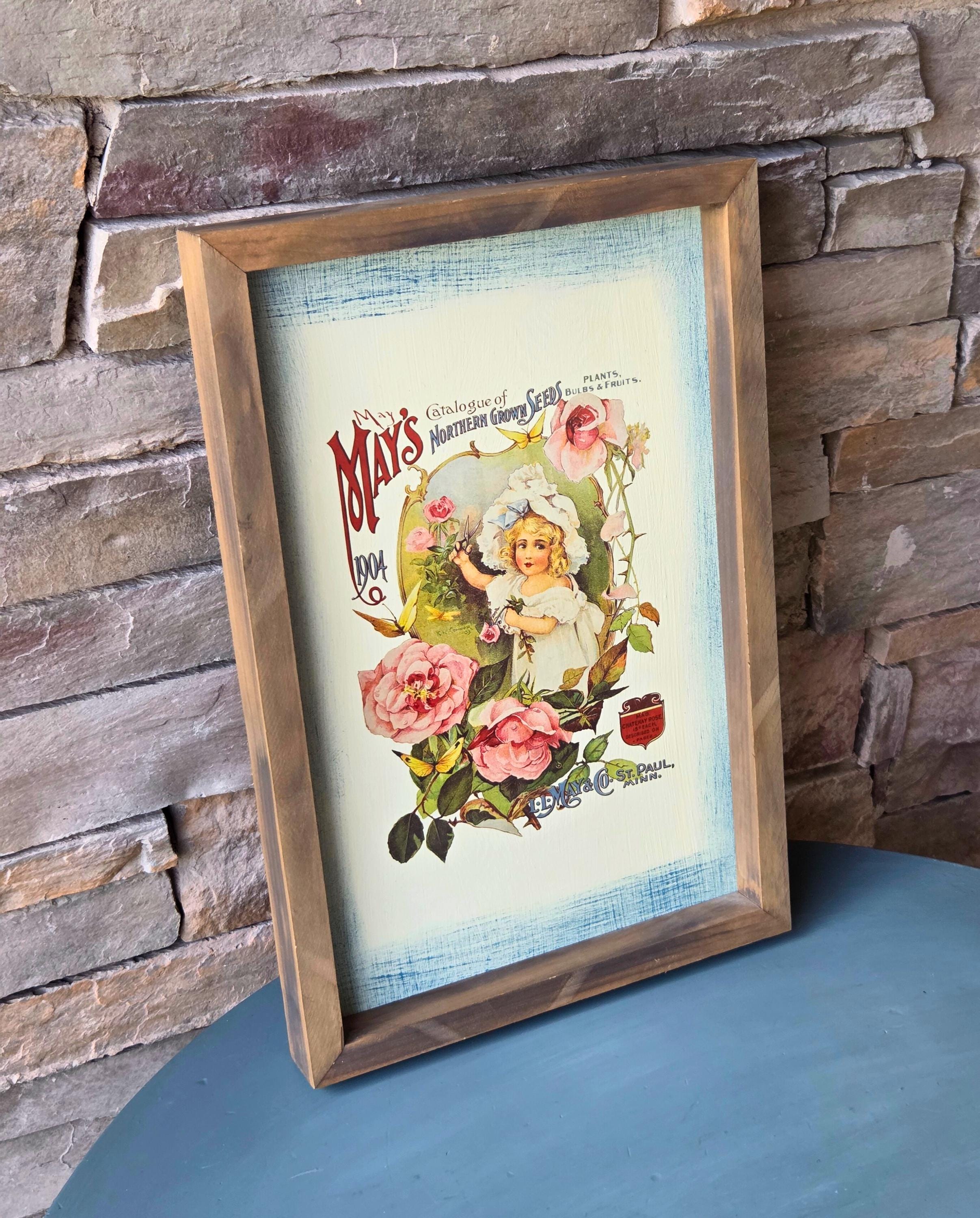 Vintage Seed Catalogue Wall Art, Framed 18x12, Rustic Farmhouse Print, Mays Garden Décor
