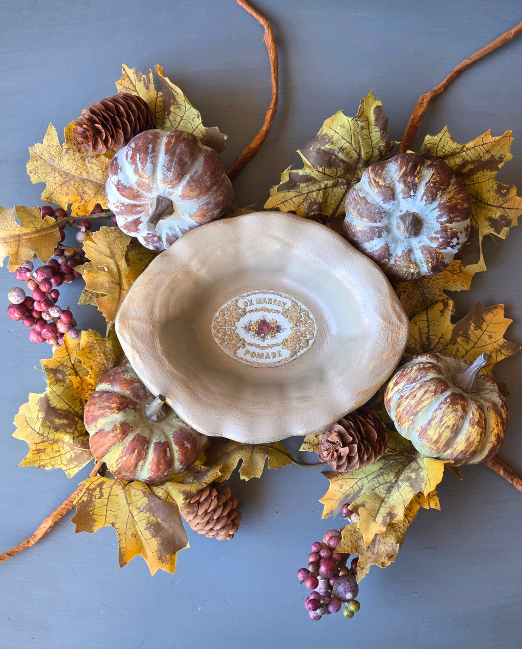 Vintage-Style Ceramic Trinket Dish Ox Marrow Pomade Label Scalloped Edge & Gold Detail