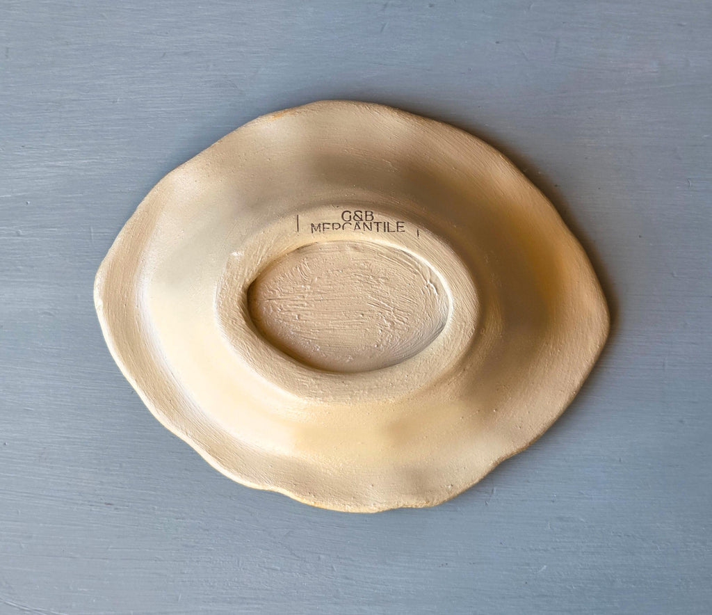 Vintage-Style Ceramic Trinket Dish Ox Marrow Pomade Label Scalloped Edge & Gold Detail