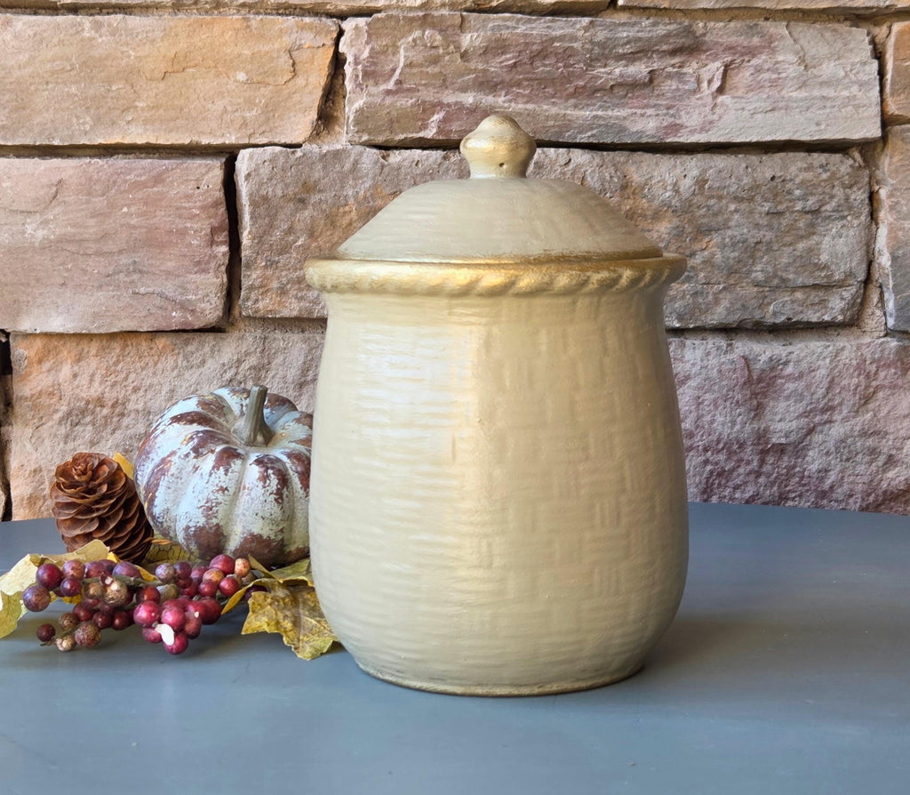 Rustic Ceramic Kitchen Canister Sage Green Textured Jar with Lid Fall Farmhouse Decor
