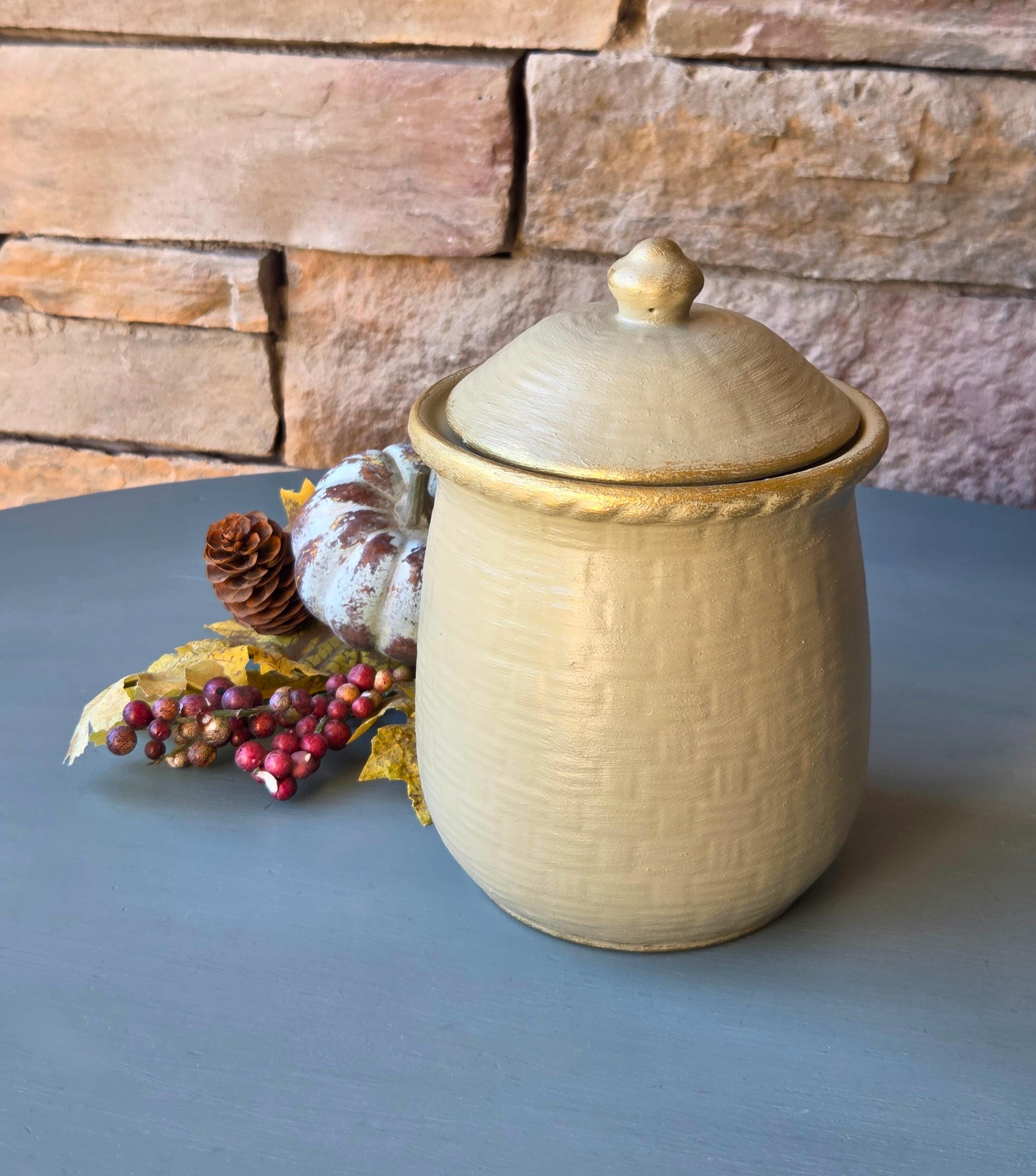 Rustic Ceramic Kitchen Canister Sage Green Textured Jar with Lid Fall Farmhouse Decor