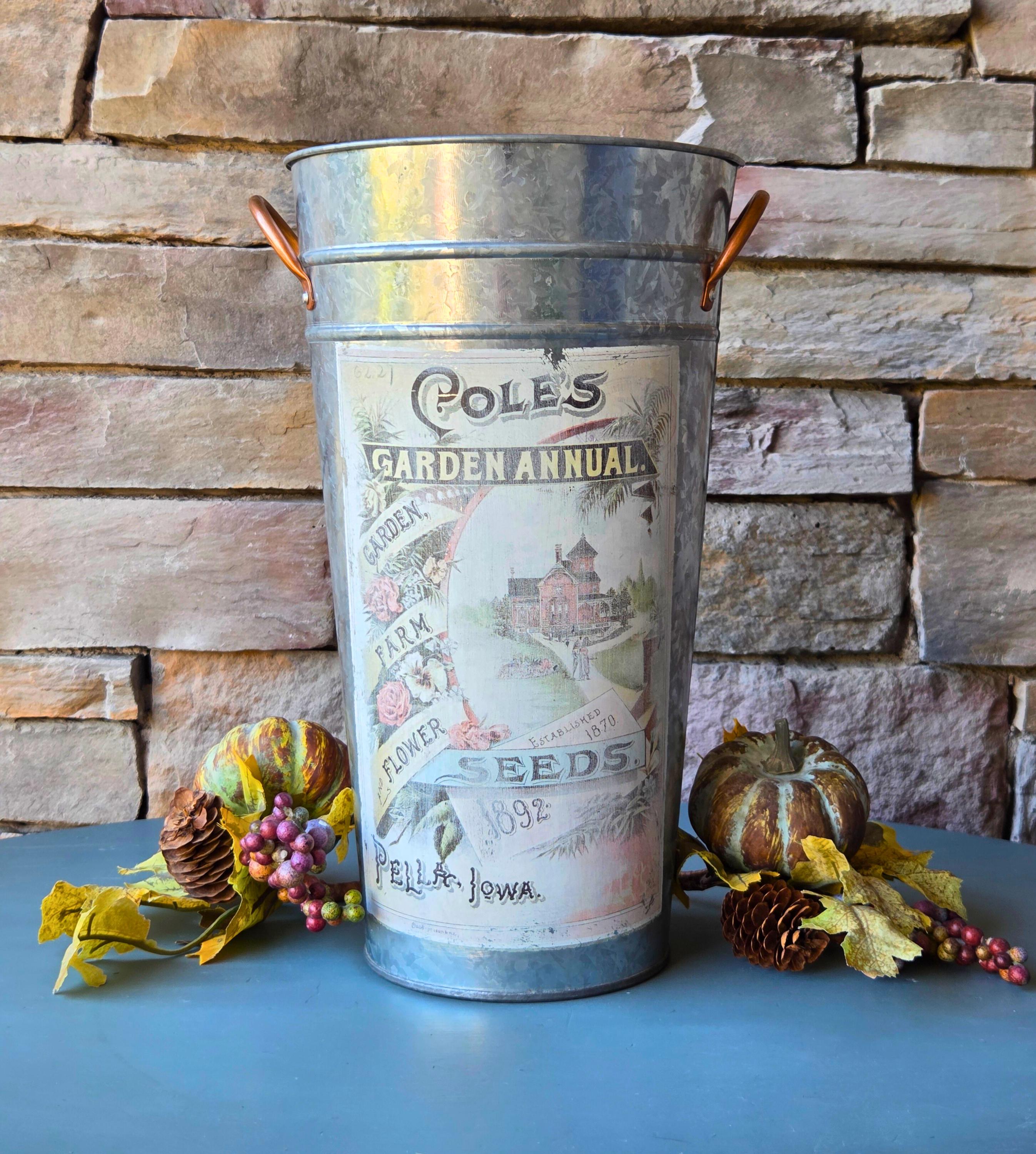 Vintage-Inspired Garden Bucket Centerpiece  Upcycled Seasonal Decor with 1892 Seed Print