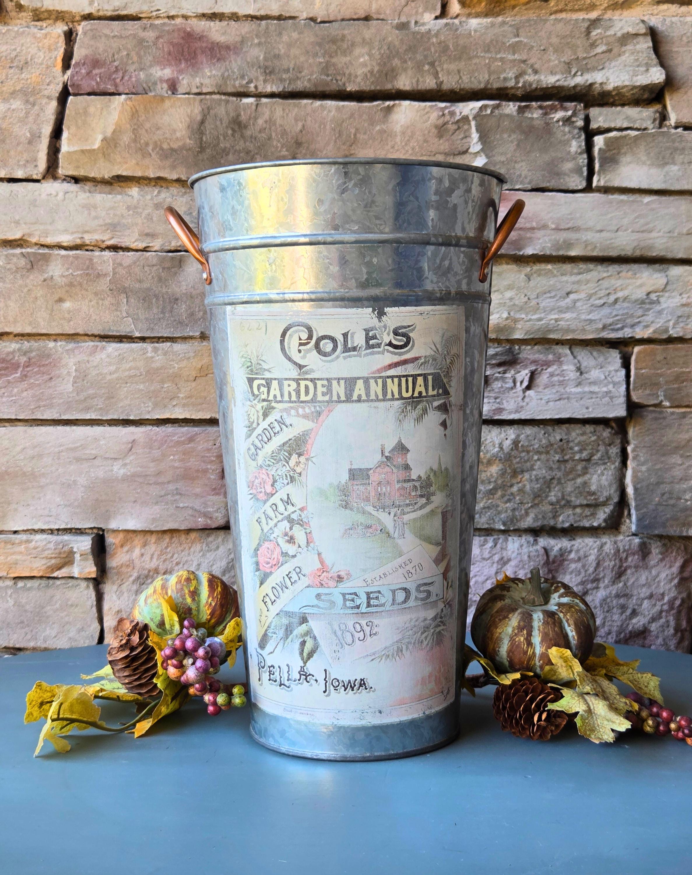 Vintage-Inspired Garden Bucket Centerpiece  Upcycled Seasonal Decor with 1892 Seed Print