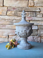 Decorative Resin Urn with Cherub Relief  16.5" Tall Classical Accent with Fleur-de-Lis Finial