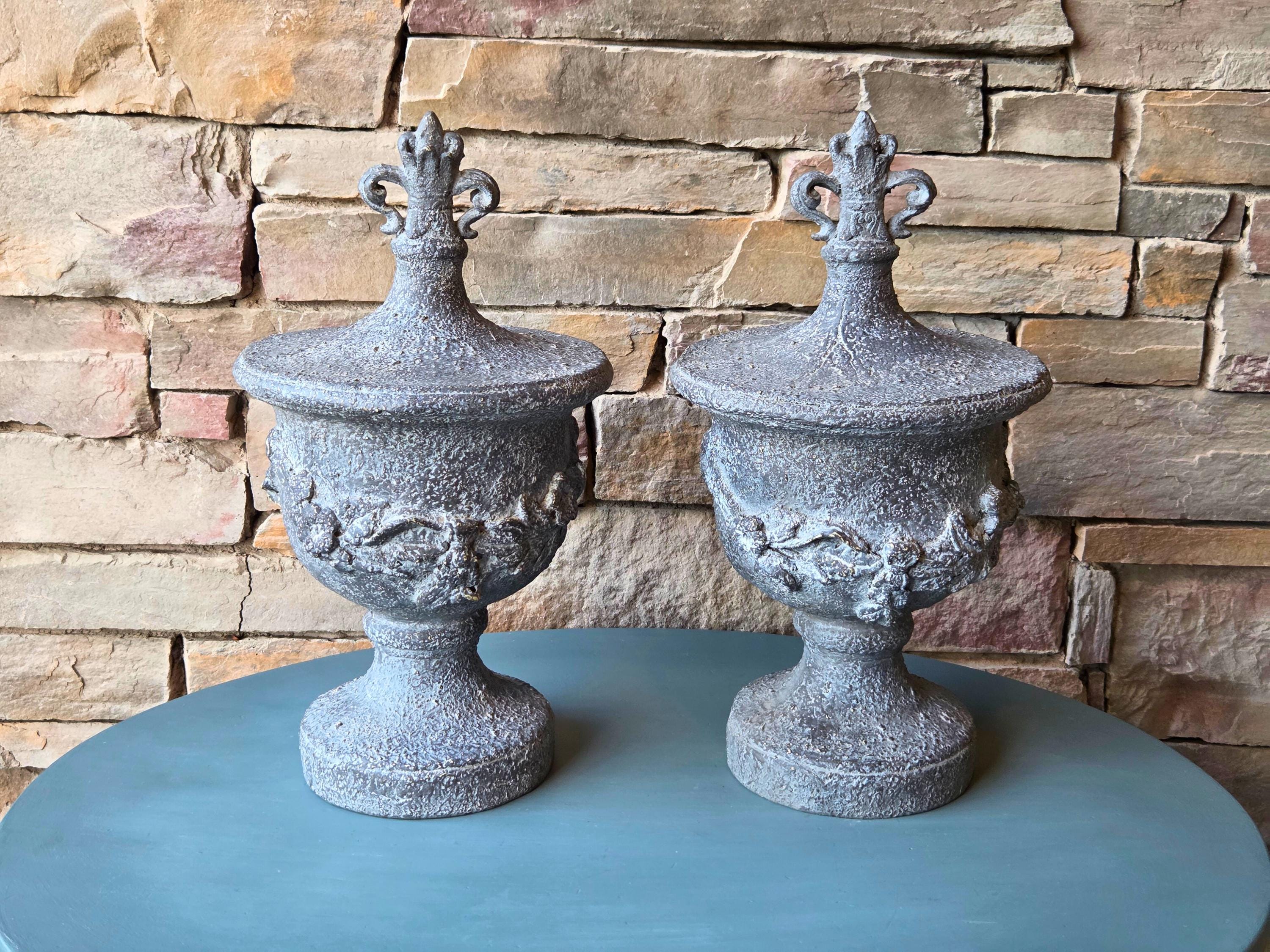 Decorative Resin Urn with Cherub Relief  16.5" Tall Classical Accent with Fleur-de-Lis Finial