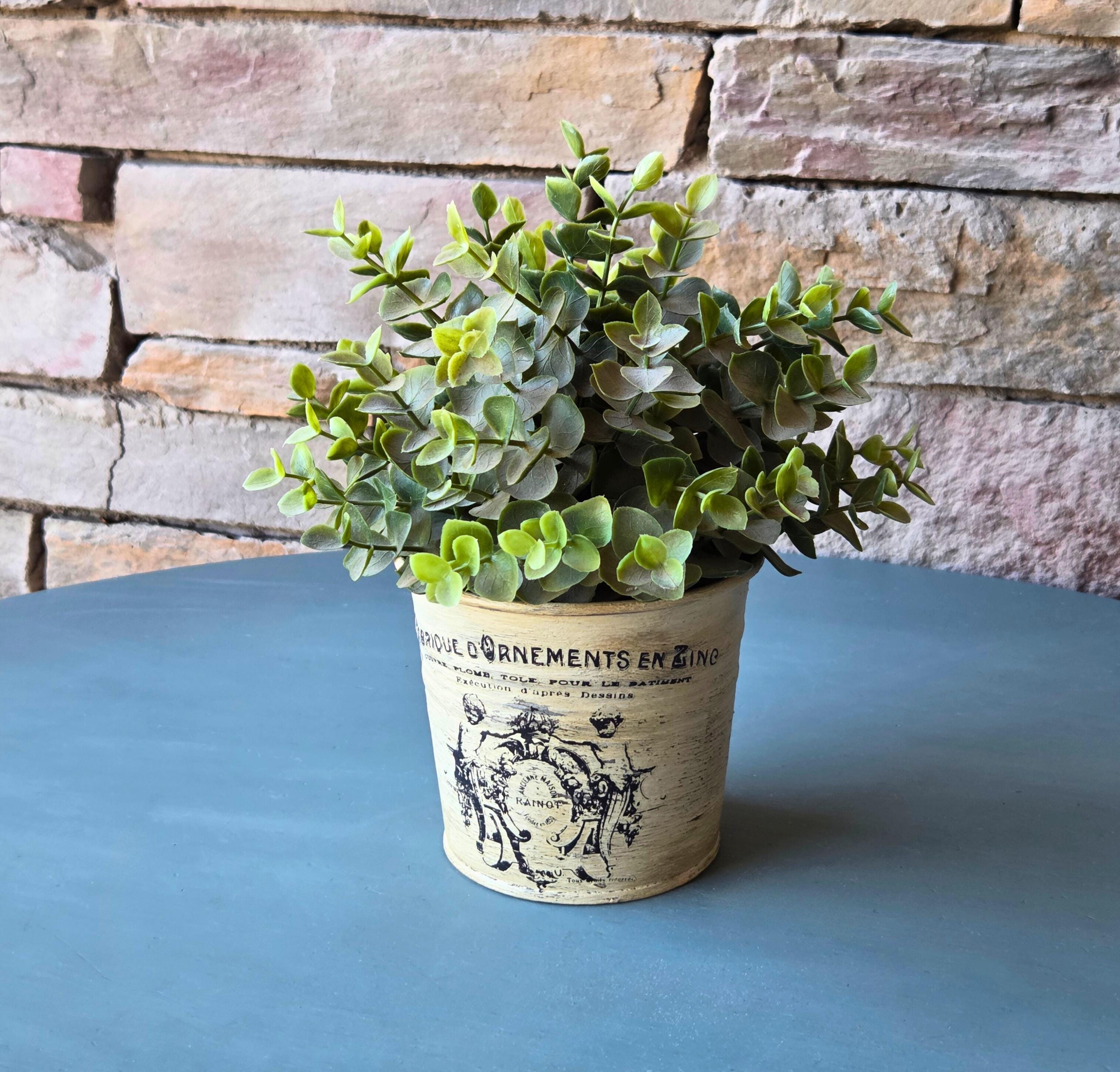 French Painted Metal Decorative Pot with Vintage Typography  Rustic Garden Accent