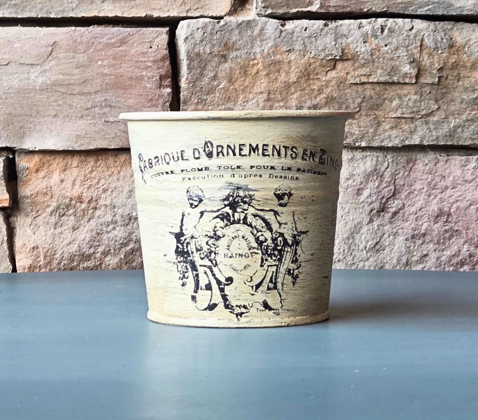 French Painted Metal Decorative Pot with Vintage Typography  Rustic Garden Accent