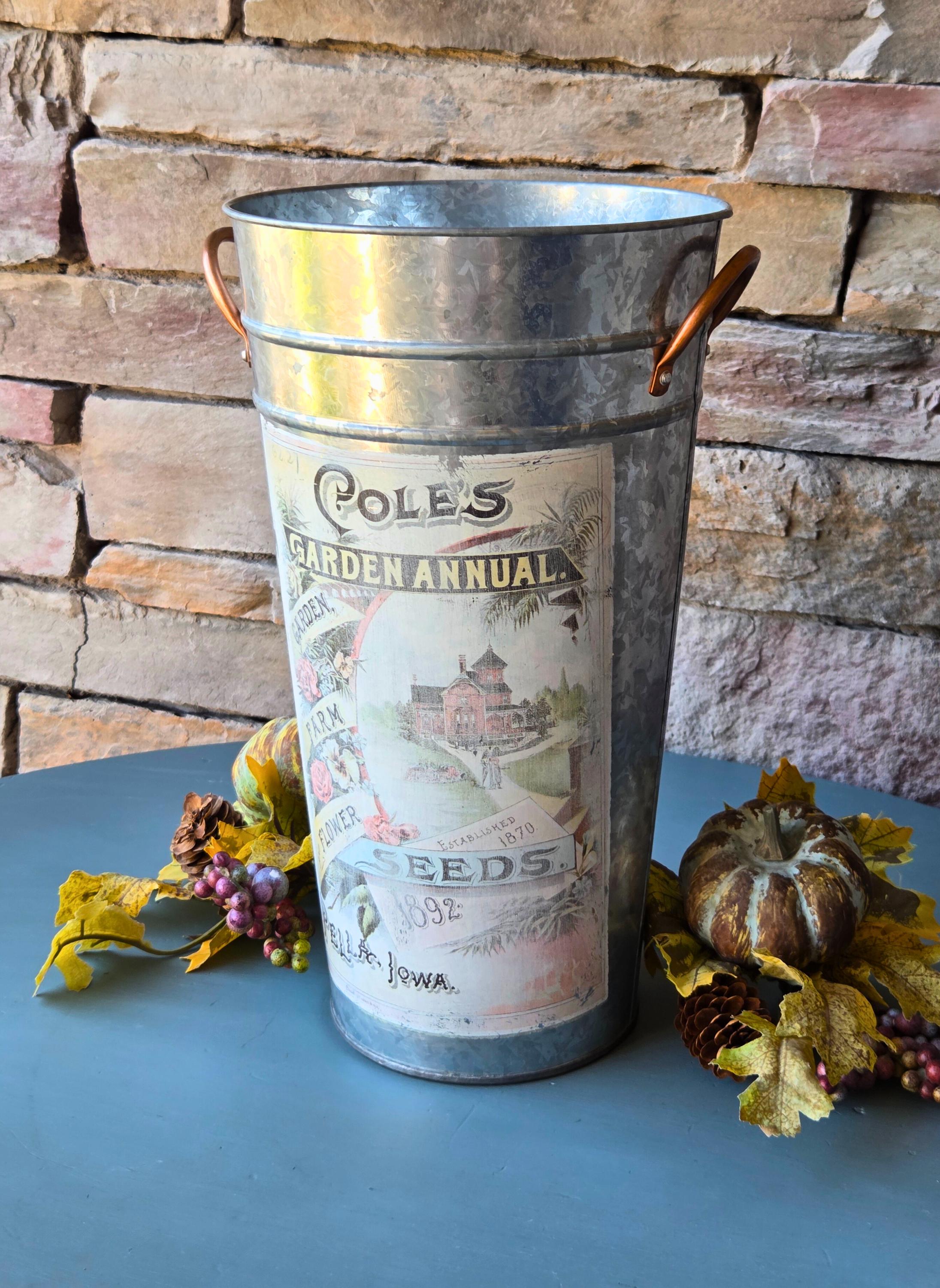 Vintage-Inspired Garden Bucket Centerpiece  Upcycled Seasonal Decor with 1892 Seed Print