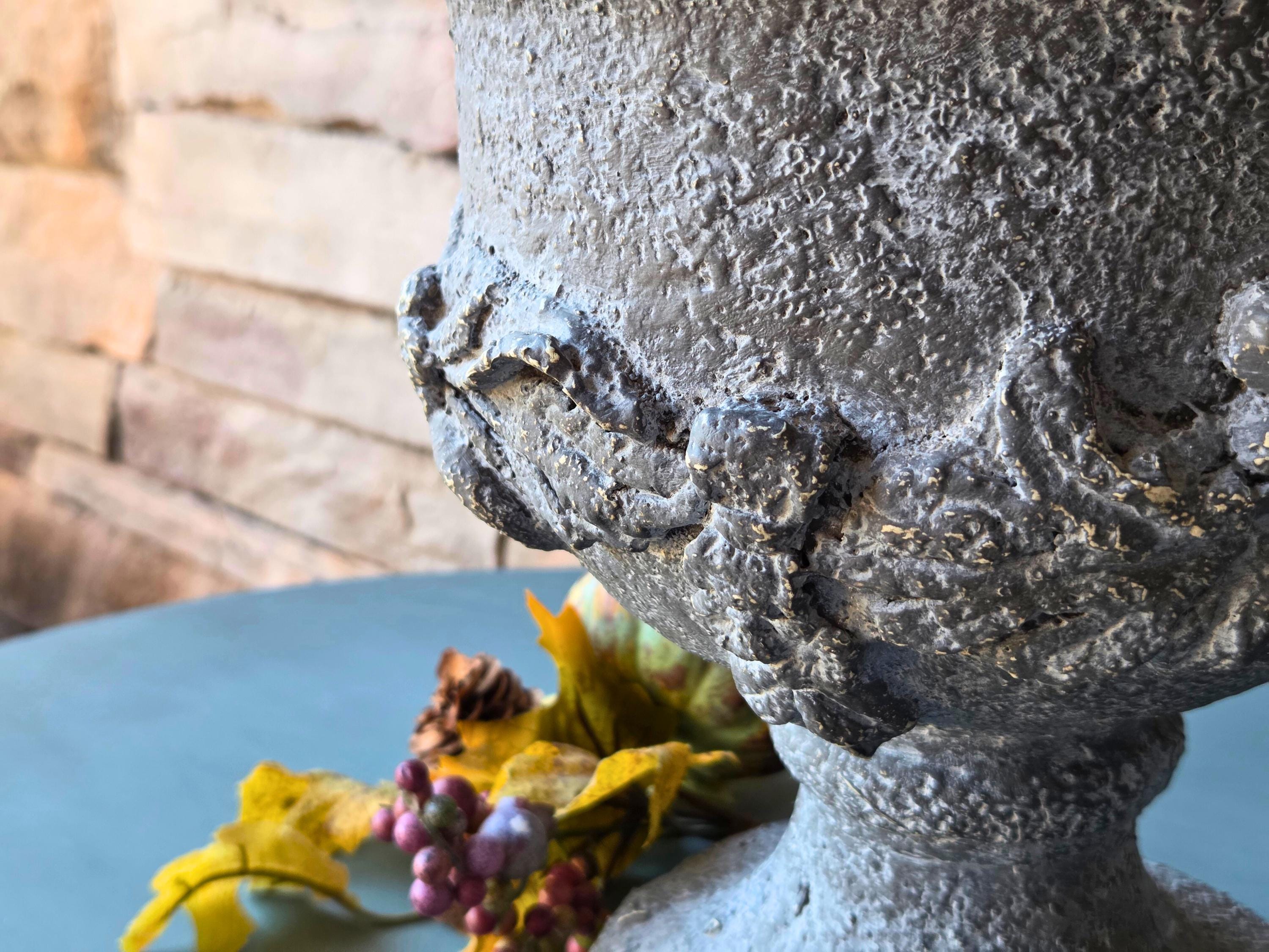 Decorative Resin Urn with Cherub Relief  16.5" Tall Classical Accent with Fleur-de-Lis Finial